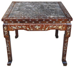 Chinese Rosewood Antique Mother of Pearl Marble Breakfast Game Table Inlaid Mop