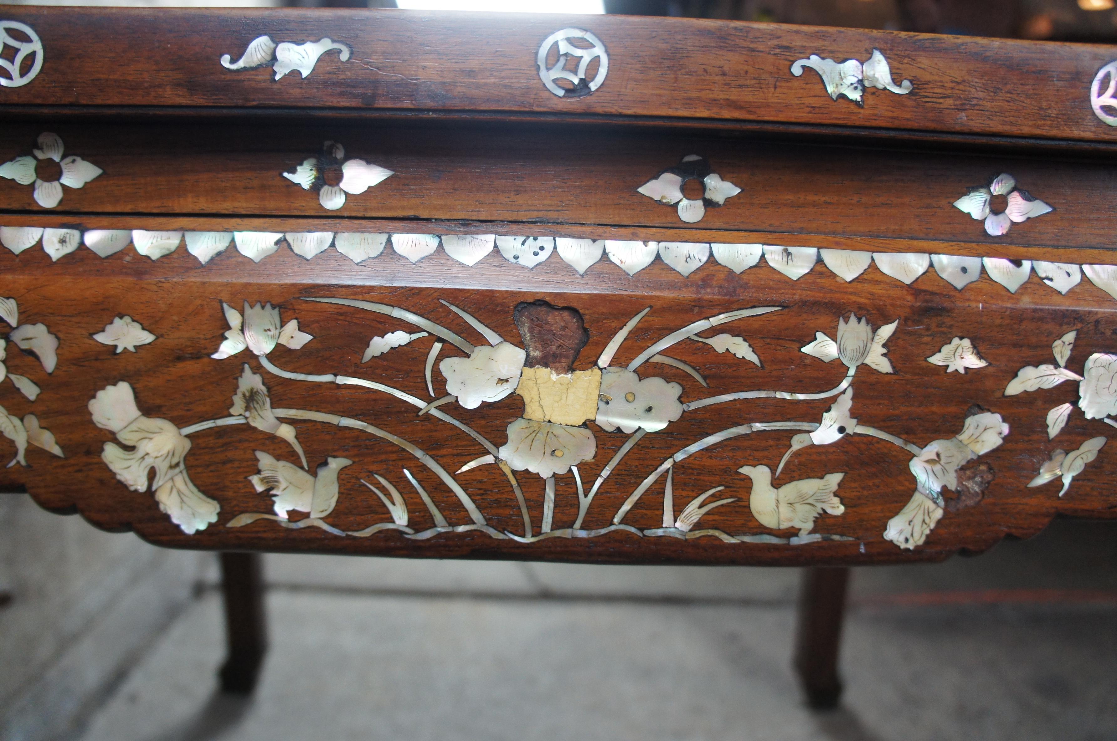 Mother-of-Pearl Chinese Rosewood Antique Mother of Pearl Marble Breakfast Game Table Inlaid Mop