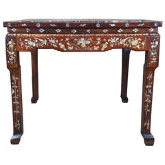 Chinese Rosewood Antique Mother of Pearl Marble Breakfast Game Table Inlaid Mop