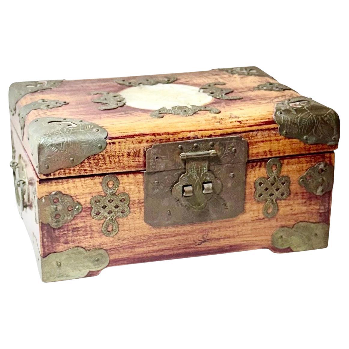 Chinese Rosewood Box with Jade and Brass