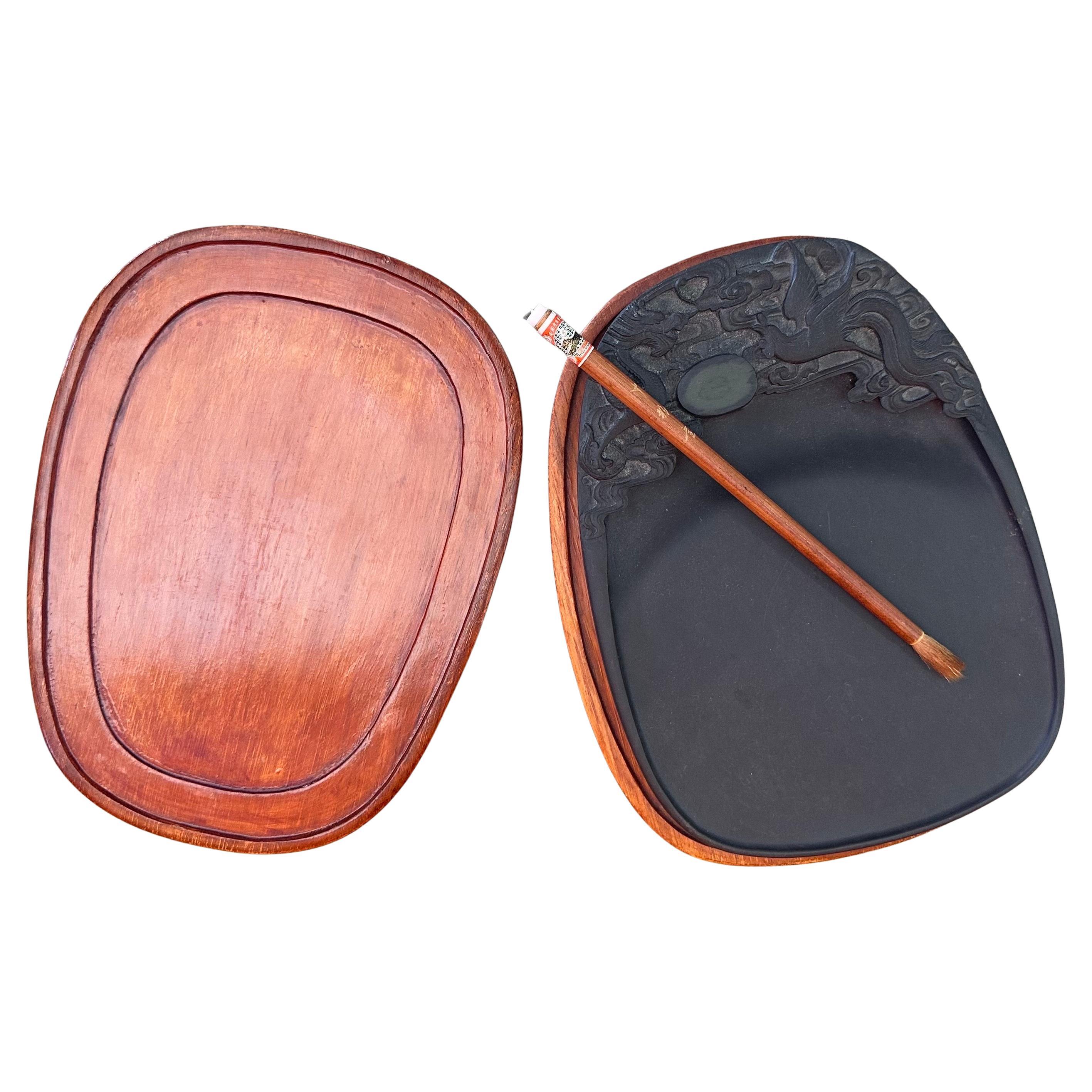 Chinese Rosewood Calligraphy Duan Inkstone with Brush and Dragon Motif