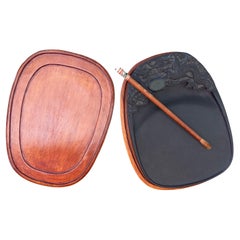 Chinese Rosewood Calligraphy Duan Inkstone with Brush and Dragon Motif