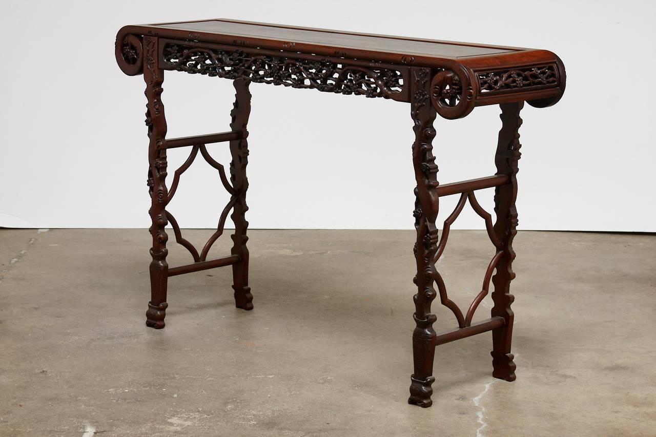 Hong Kong Chinese Rosewood Carved Altar Console Table