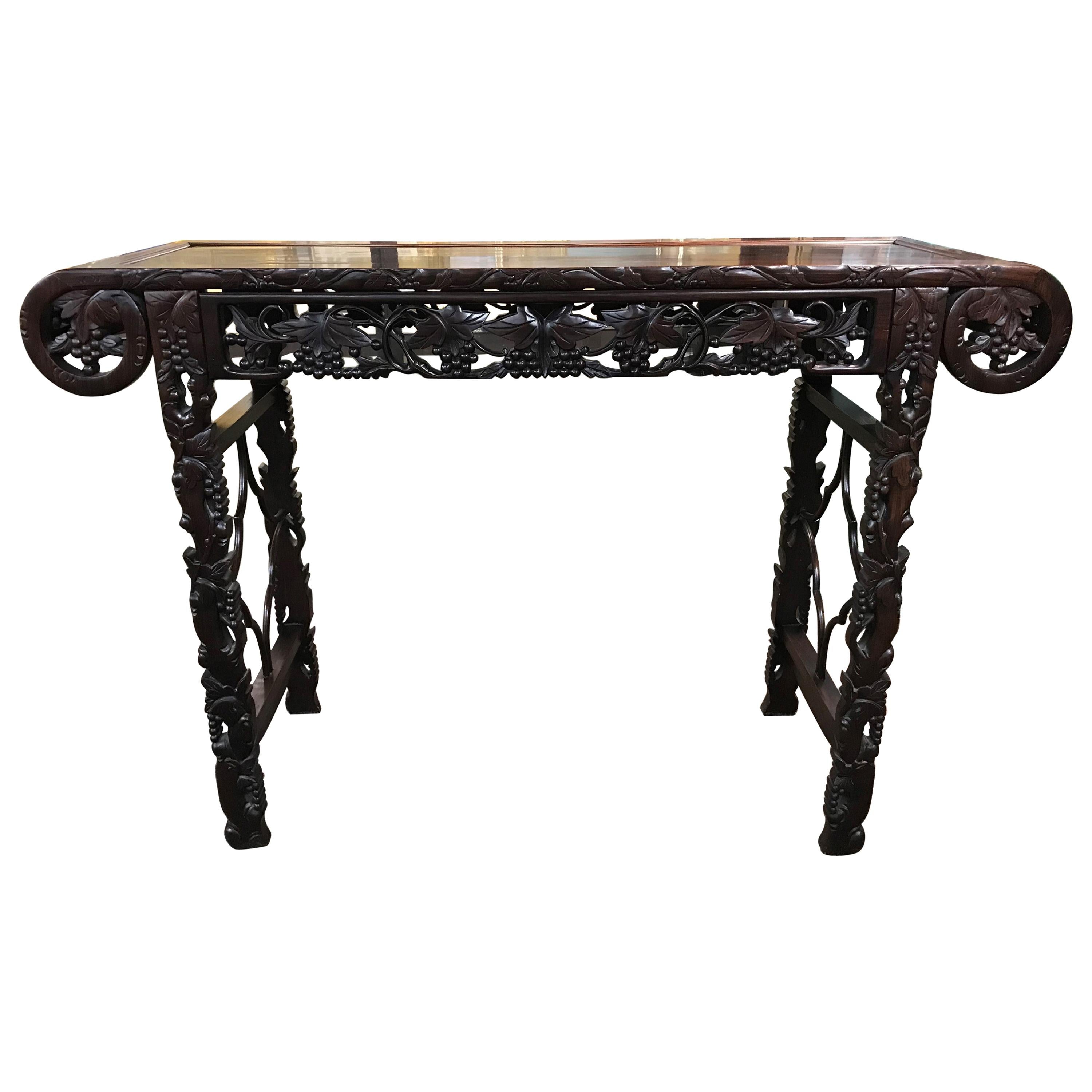 Chinese Rosewood Carved Altar Table with Reticulated Grape and Leaf Decoration
