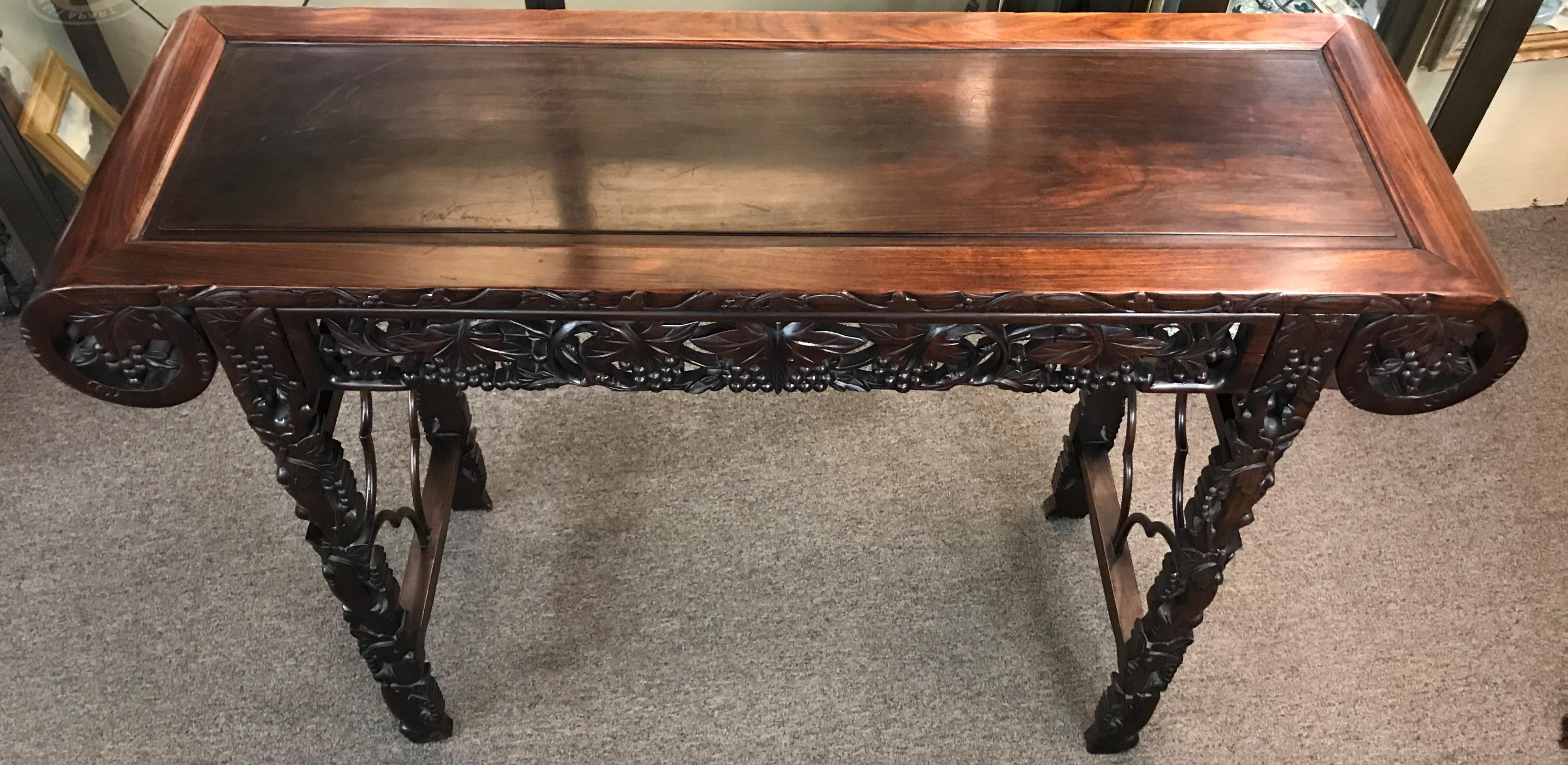 Chinese Export Chinese Rosewood Carved Altar Table with Reticulated Grape and Leaf Decoration