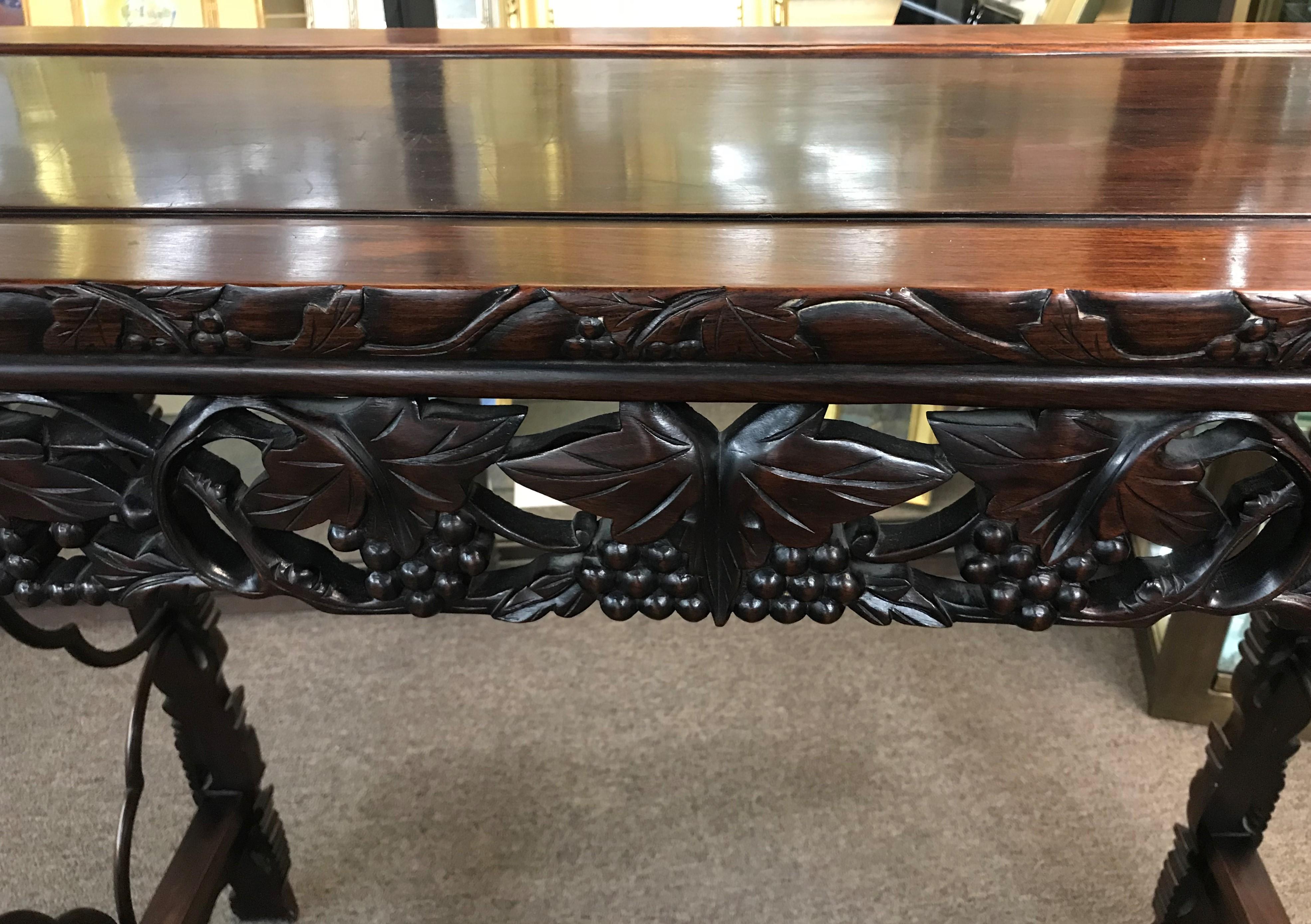 Chinese Rosewood Carved Altar Table with Reticulated Grape and Leaf Decoration In Good Condition In Milford, NH