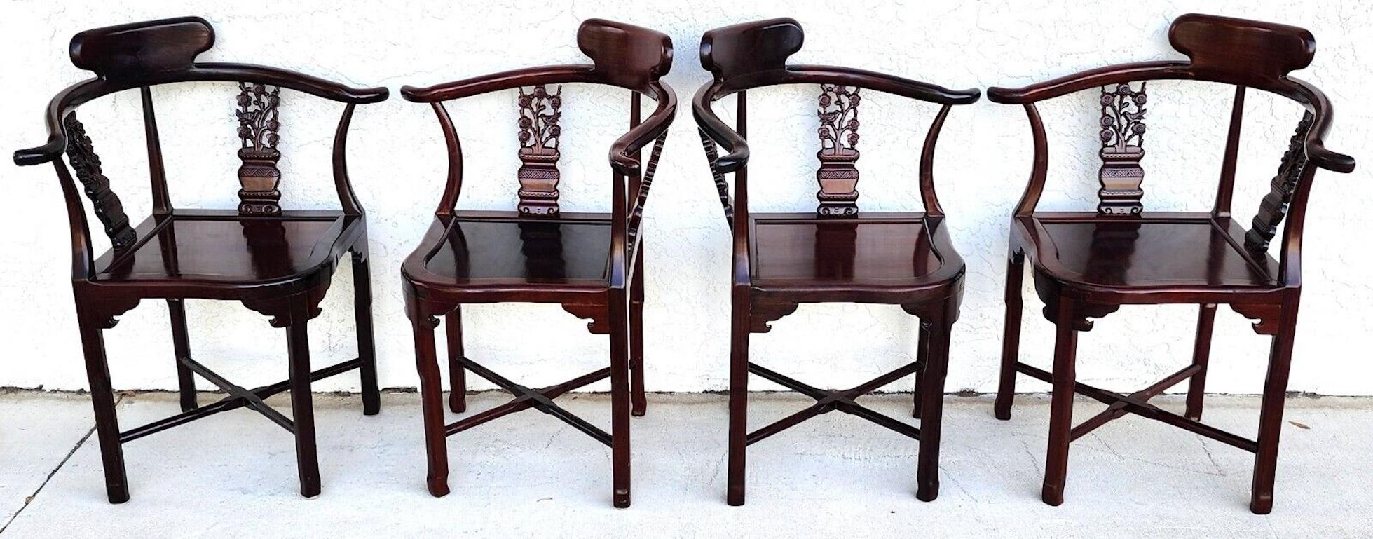 For FULL item description click on CONTINUE READING at the bottom of this page.

Offering One Of Our Recent Palm Beach Estate Fine Furniture Acquisitions Of A
Set of 4 1970s Chinese Carved Rosewood Corner Dining Chairs 

Approximate Measurements in