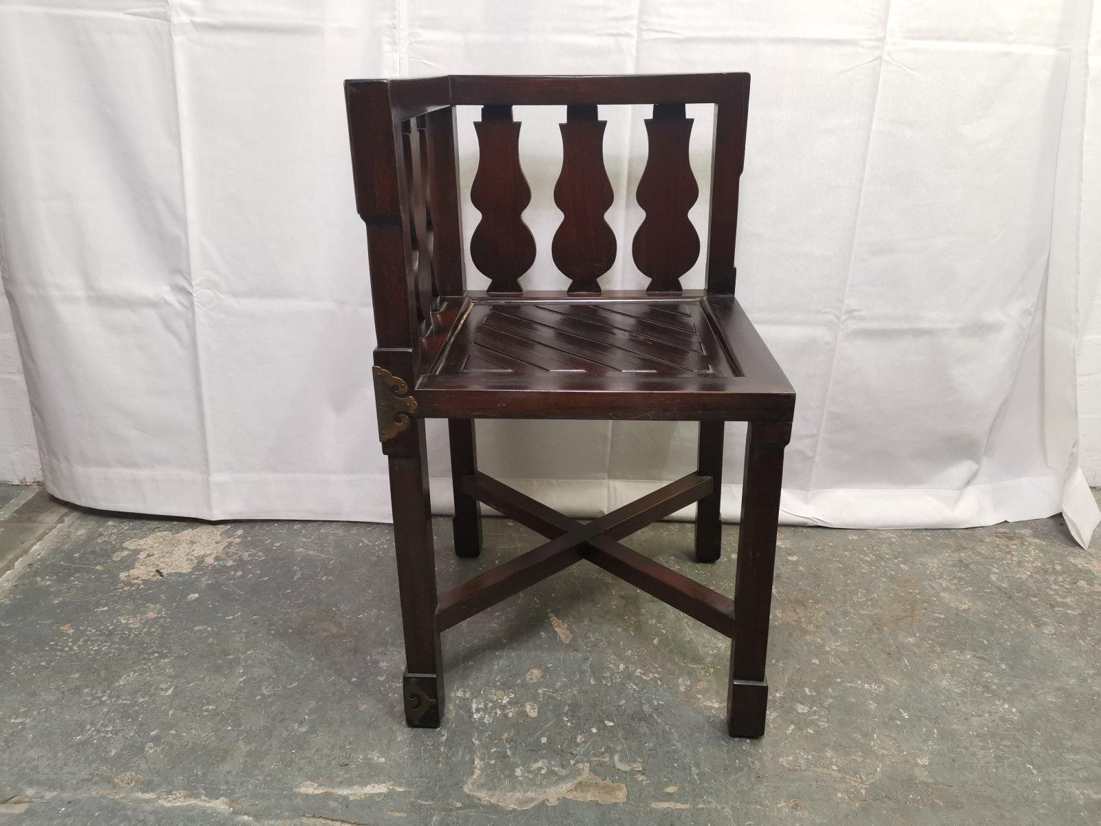 20th Century Japanese Rosewood Dining Table & 4 Chairs with Etched Decorative Brass Plaques. For Sale