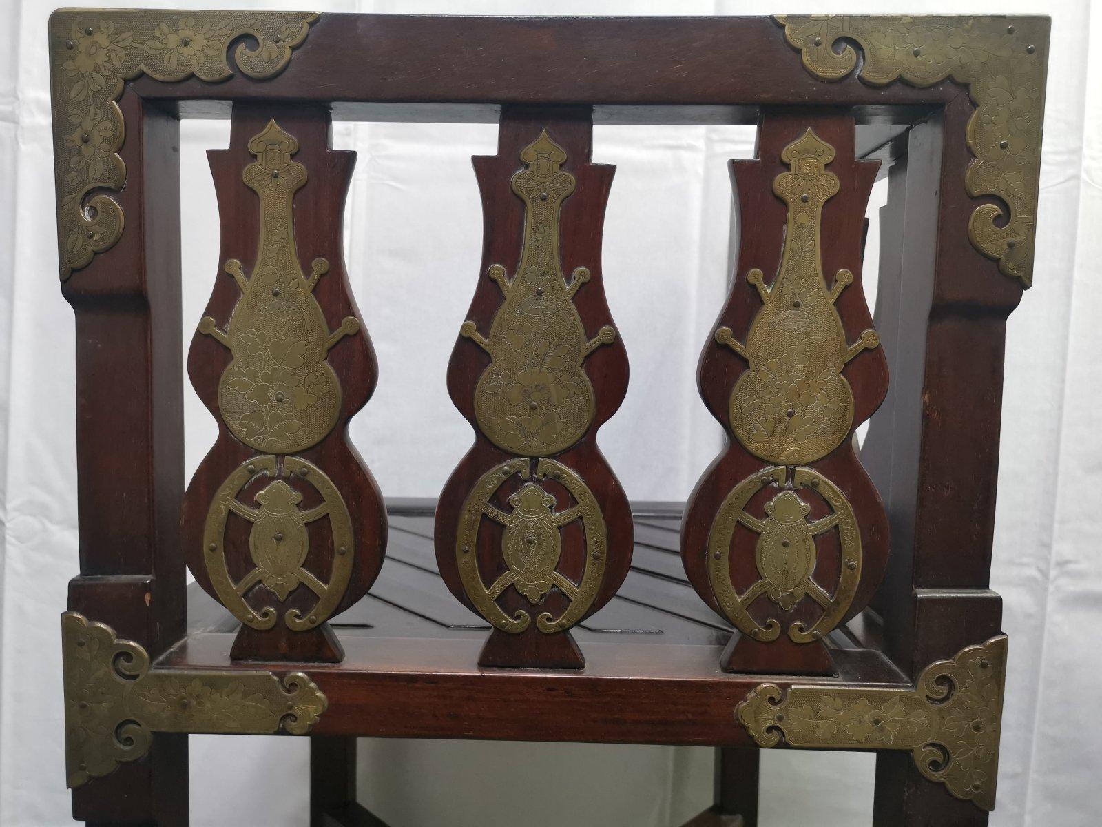 Japanese Rosewood Dining Table & 4 Chairs with Etched Decorative Brass Plaques. For Sale 6