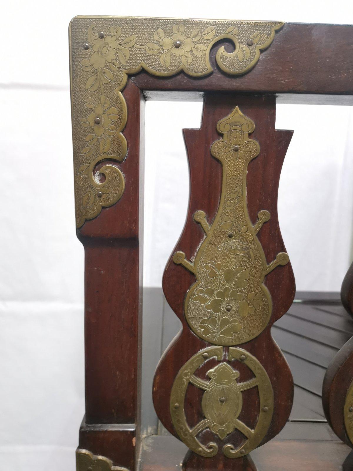 Japanese Rosewood Dining Table & 4 Chairs with Etched Decorative Brass Plaques. For Sale 7
