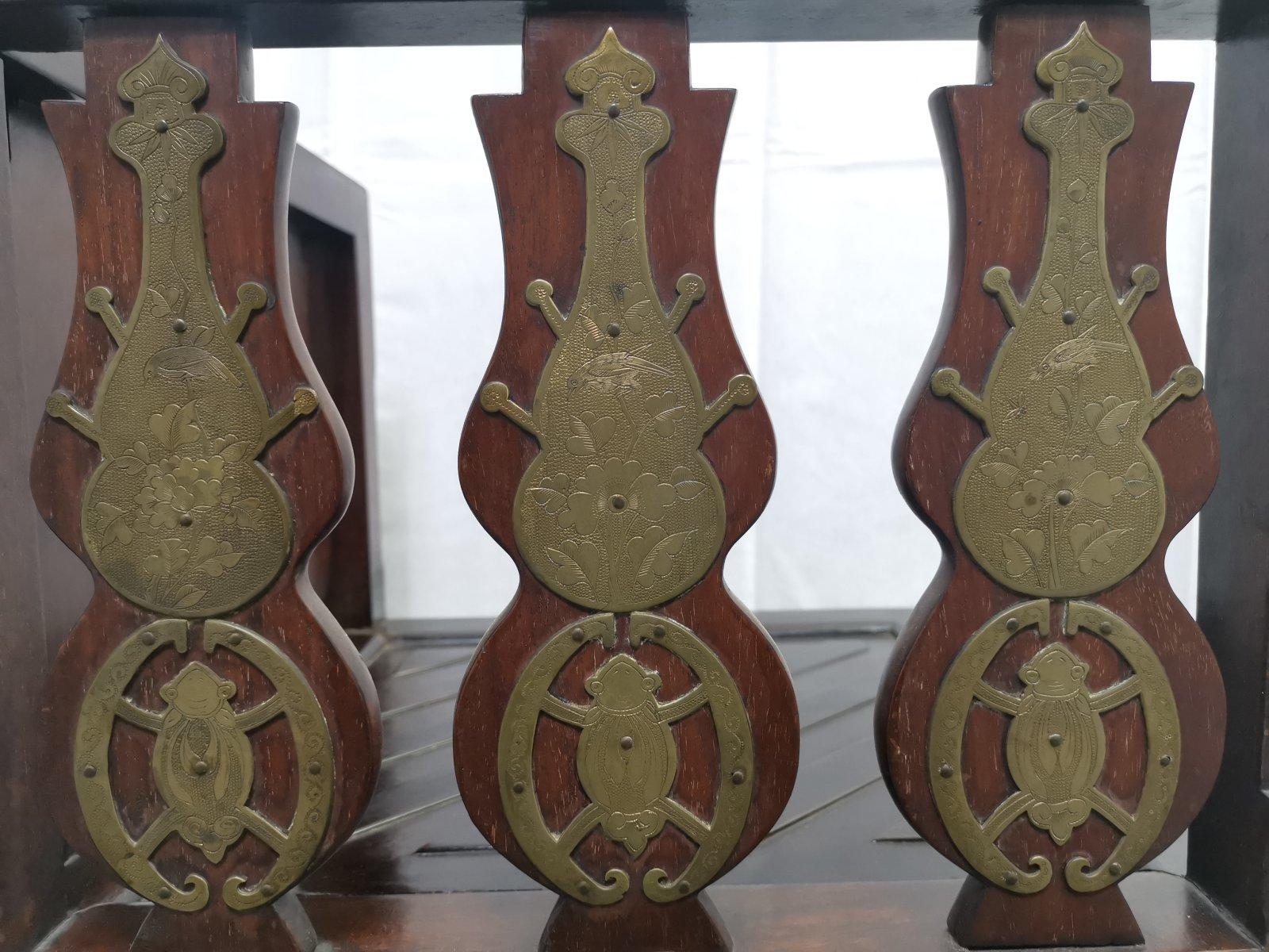 Chinese Japanese Rosewood Dining Table & 4 Chairs with Etched Decorative Brass Plaques. For Sale