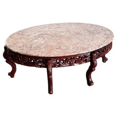 Chinesischer Palisander Hand geschnitzt Rosa Marmor Top Oval Couchtisch