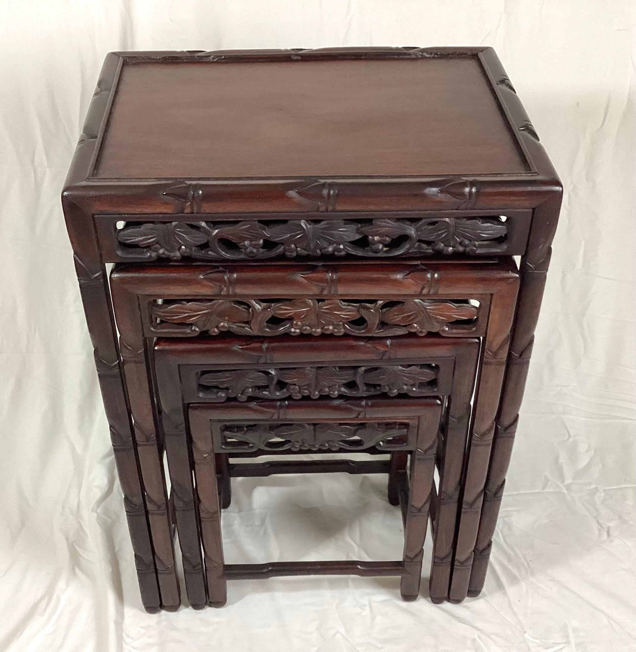 Chinese Rosewood Set of 4 Nesting Tables with Carved Frieze Decoration For Sale 5