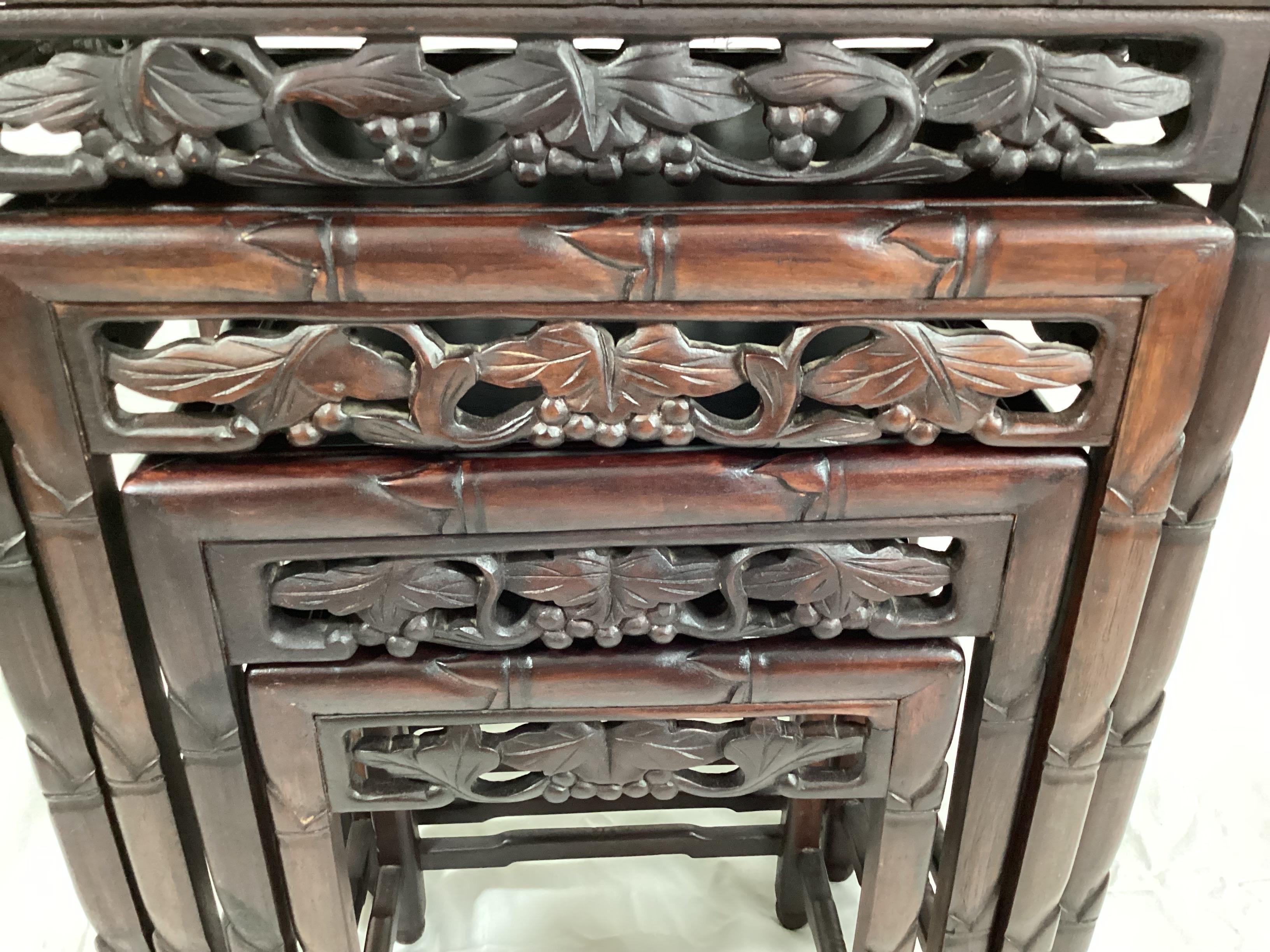 Chinese Rosewood Set of 4 Nesting Tables with Carved Frieze Decoration For Sale 6