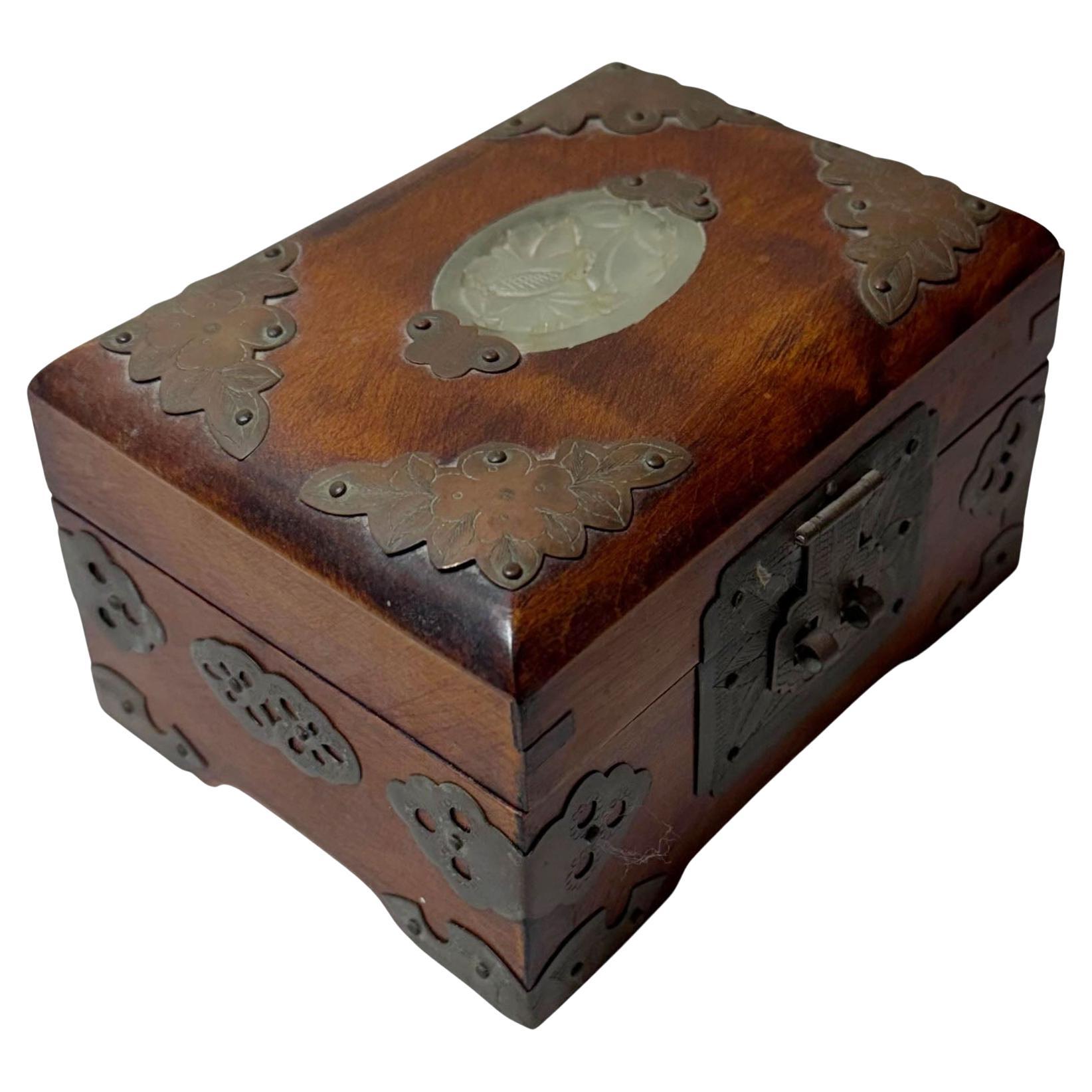 Chinese Rosewood Strongbox with Jade and Brass, Circa 1920s