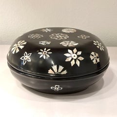 Chinese Round Black Lacquer Box with Mother of Pearl Inlay, likely 20th Century