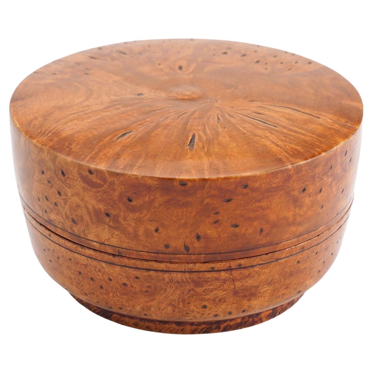 Chinese round burl wood box with cover, 1800's For Sale