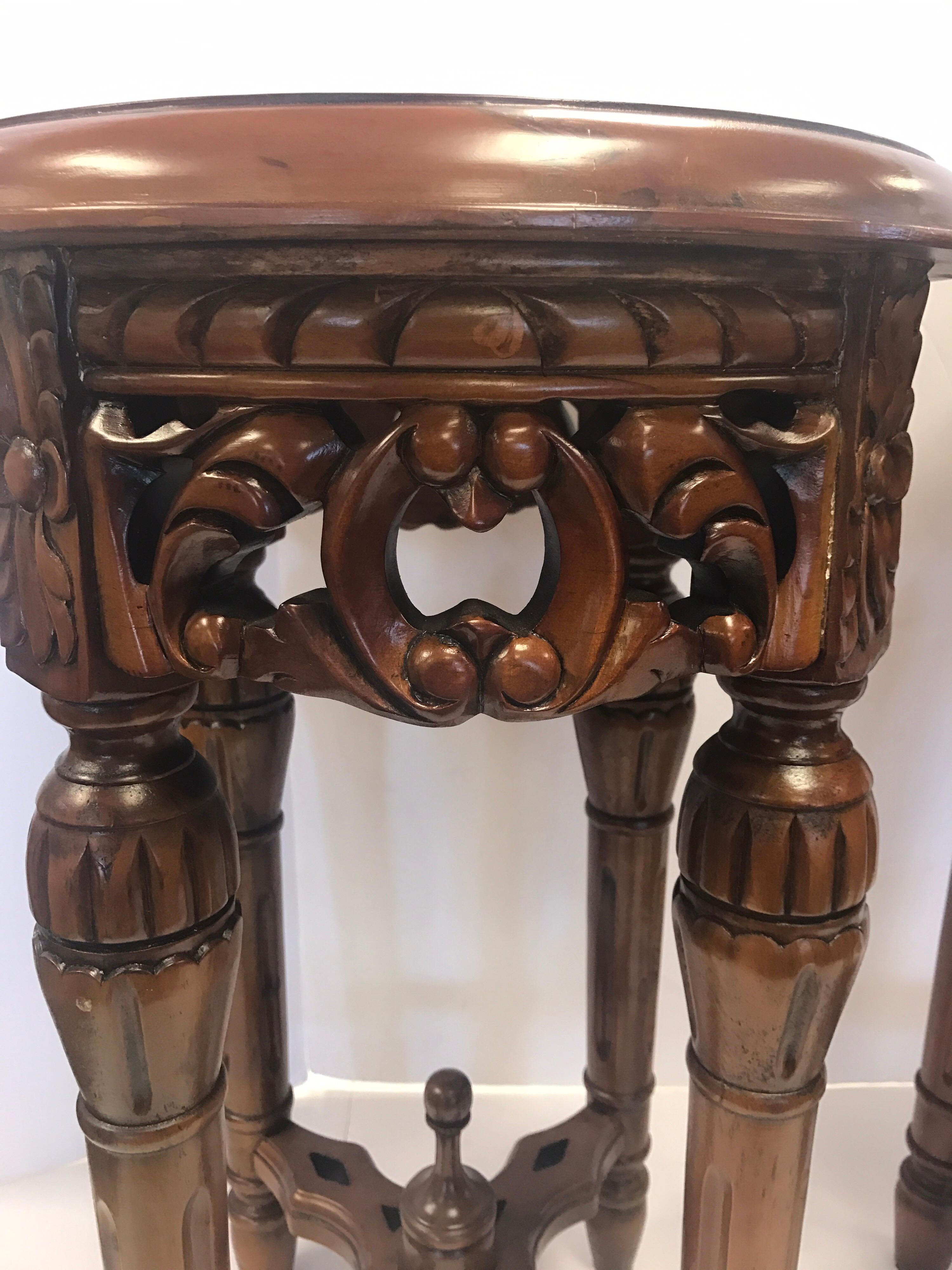 Chinese Round Carved Marble-Top Pedestal Tables Plant Stands In Good Condition In West Hartford, CT
