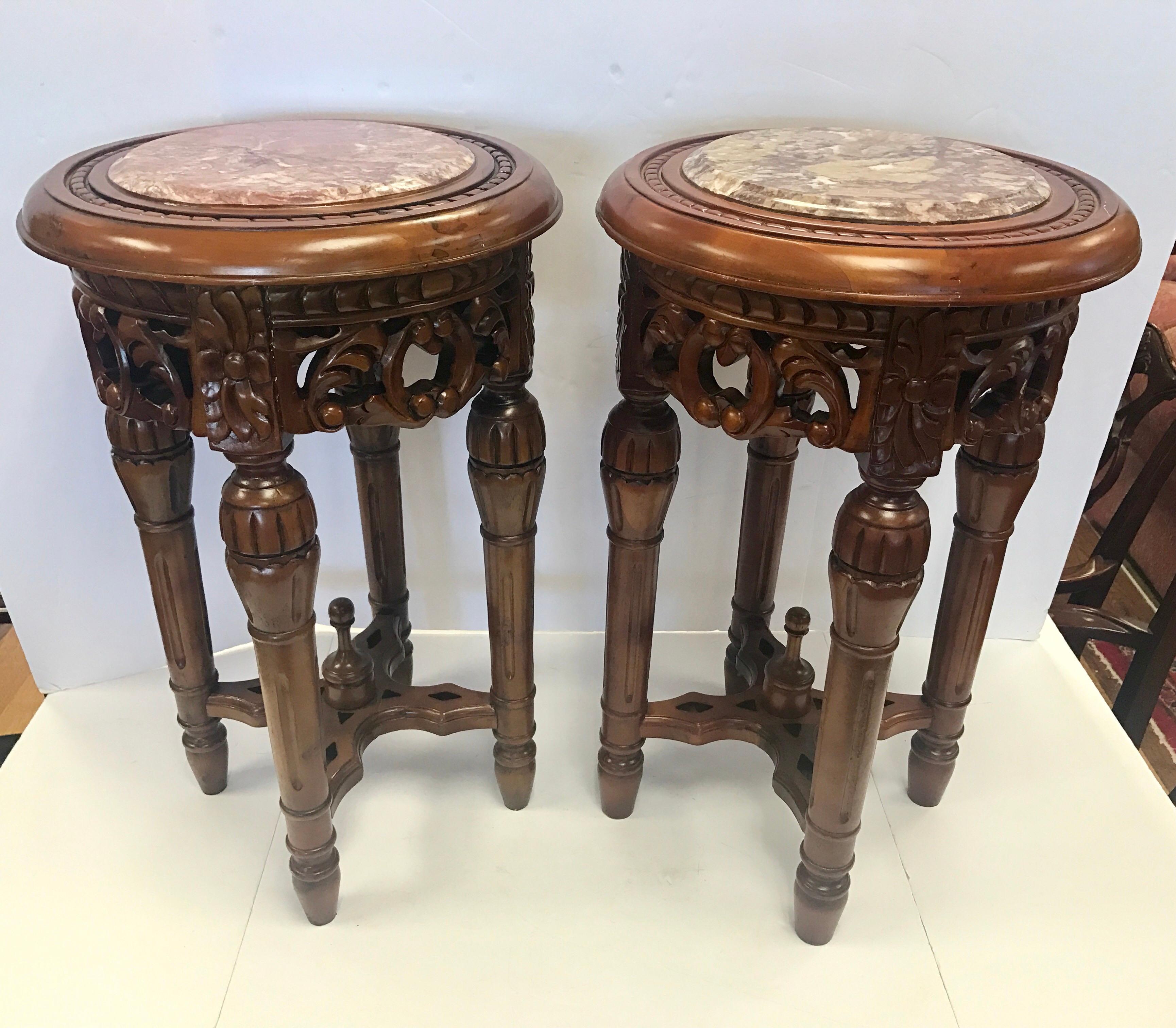 Chinese Round Carved Marble-Top Pedestal Tables Plant Stands 2