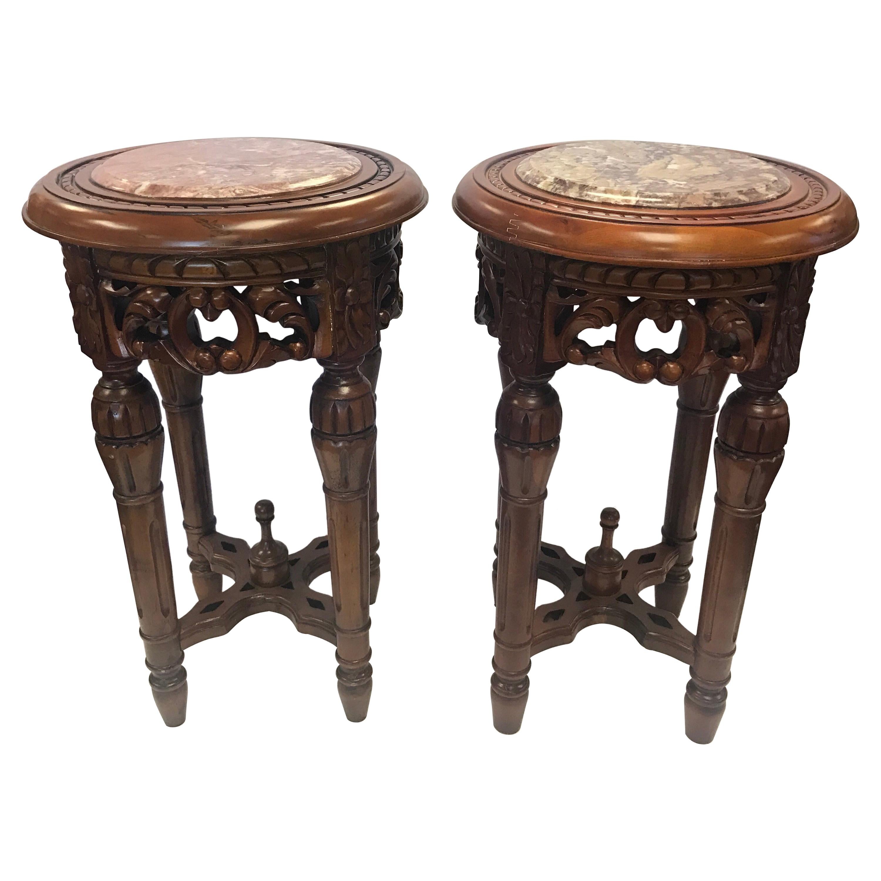 Chinese Round Carved Marble-Top Pedestal Tables Plant Stands