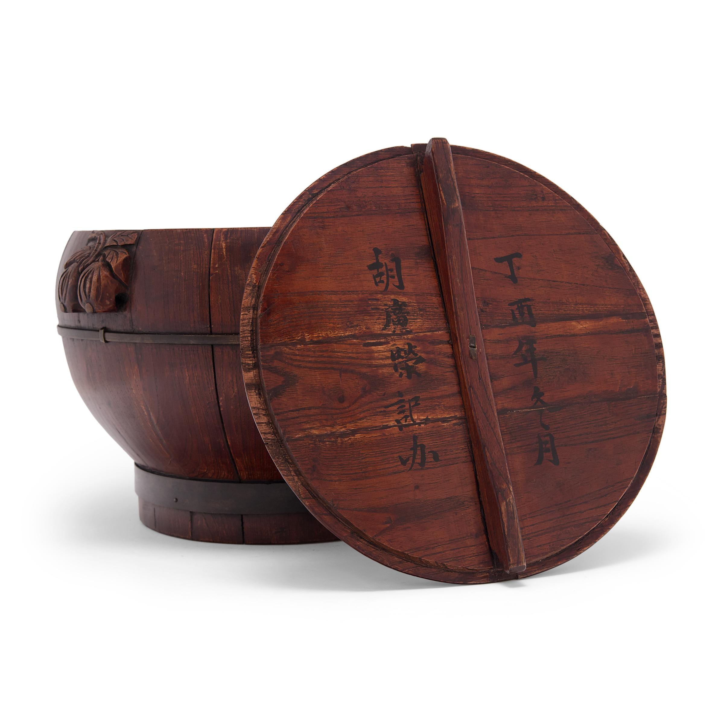 Rustic Chinese Round Grain Container with Offering Fruits, c. 1900 For Sale