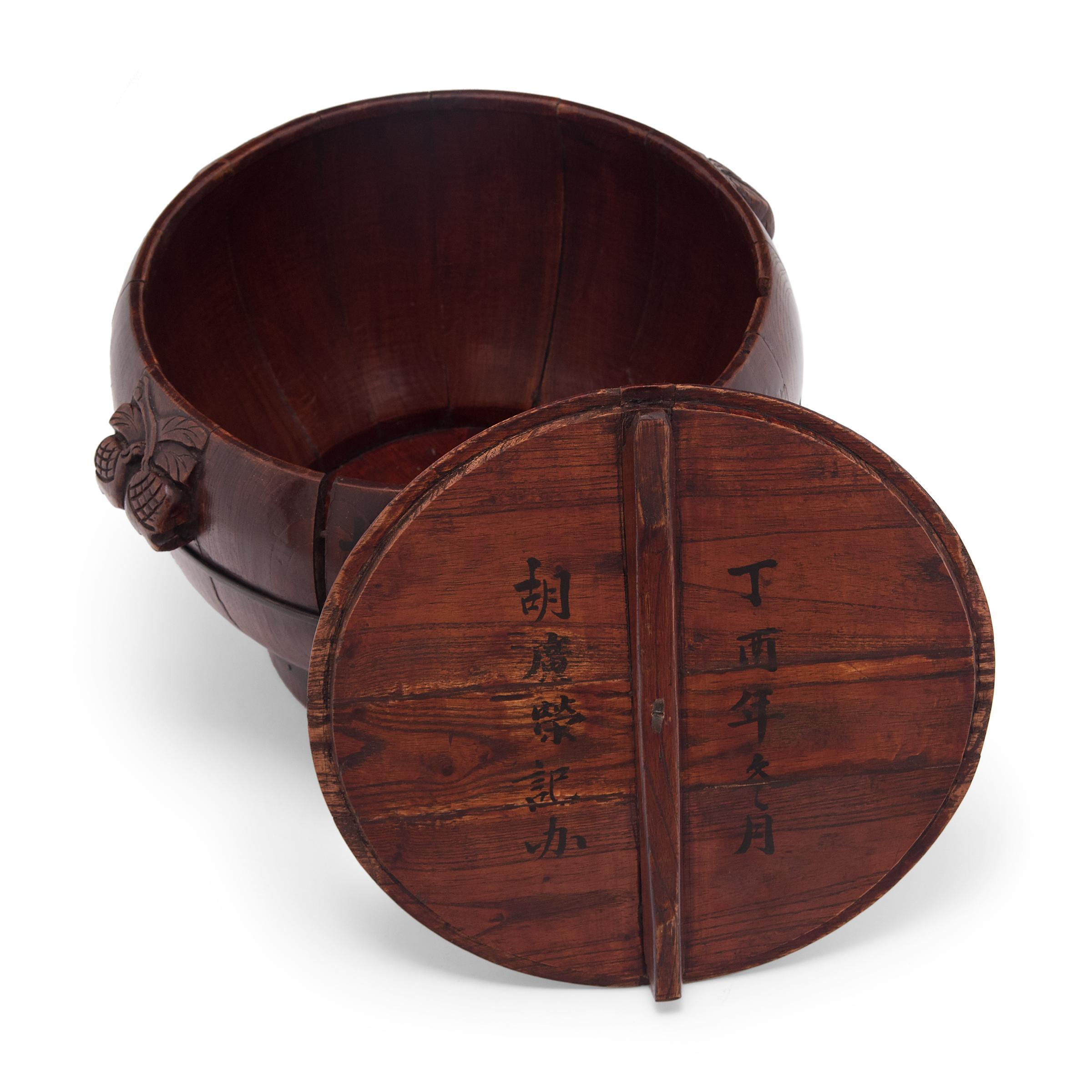 Carved Chinese Round Grain Container with Offering Fruits, c. 1900 For Sale