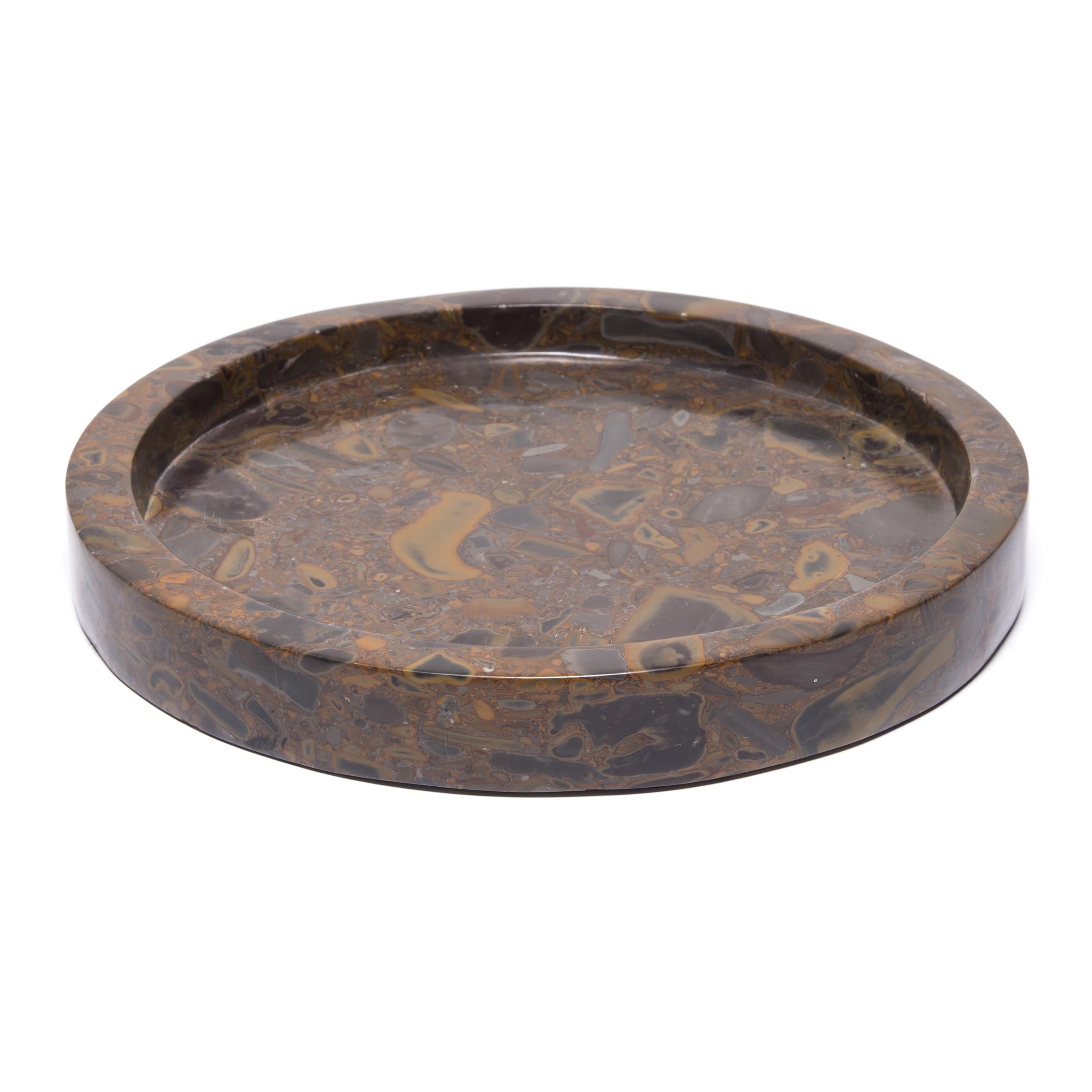 Hand-Carved Chinese Round Puddingstone Tray