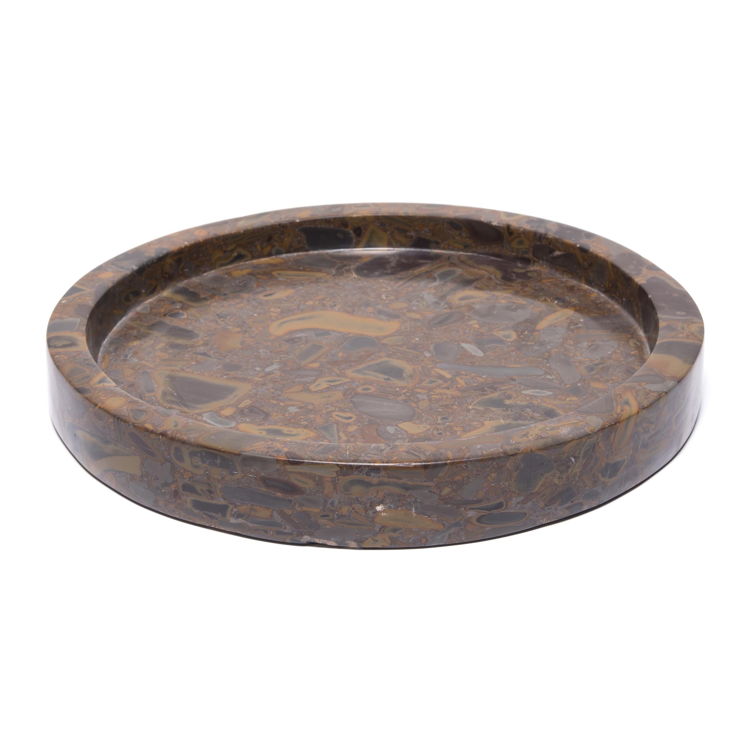Chinese Round Puddingstone Tray In Excellent Condition In Chicago, IL