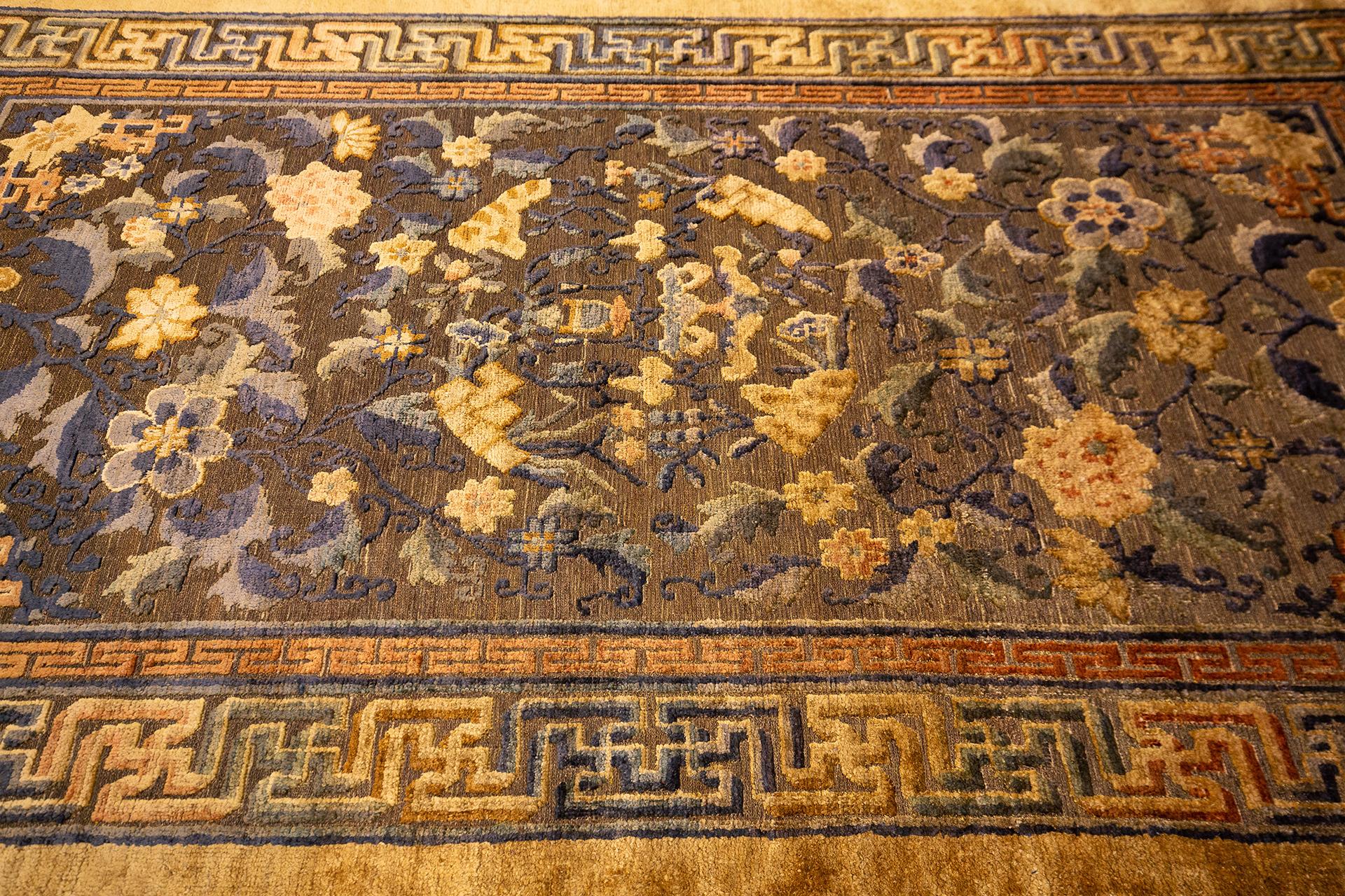 Hand-Knotted Chinese Rug Imperial Silk & Metal For Sale