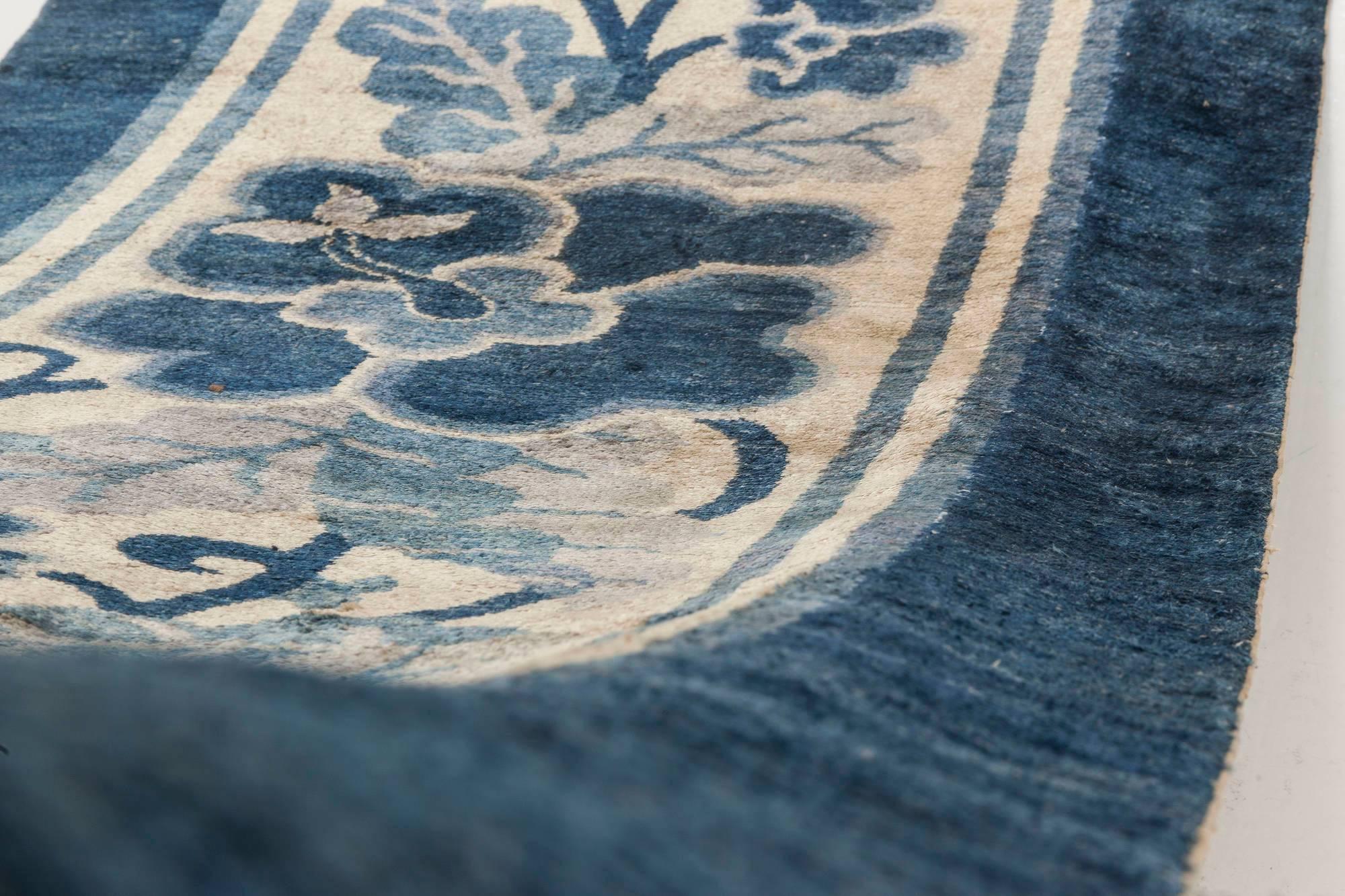 Hand-Knotted One-of-a-kind Chinese Blue Floral 'Fragment' Runner For Sale
