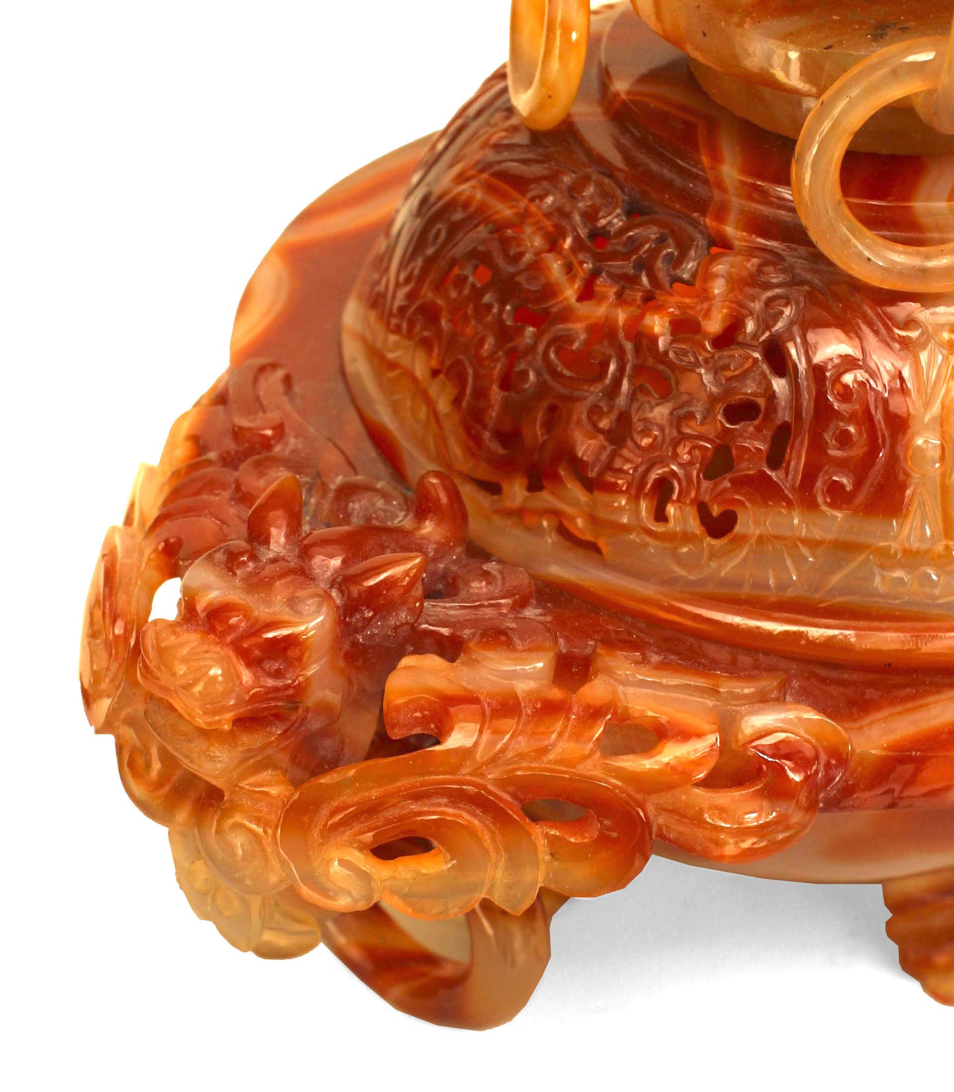 Chinese Rust Agate Bowl with Lid and Stand In Good Condition For Sale In New York, NY