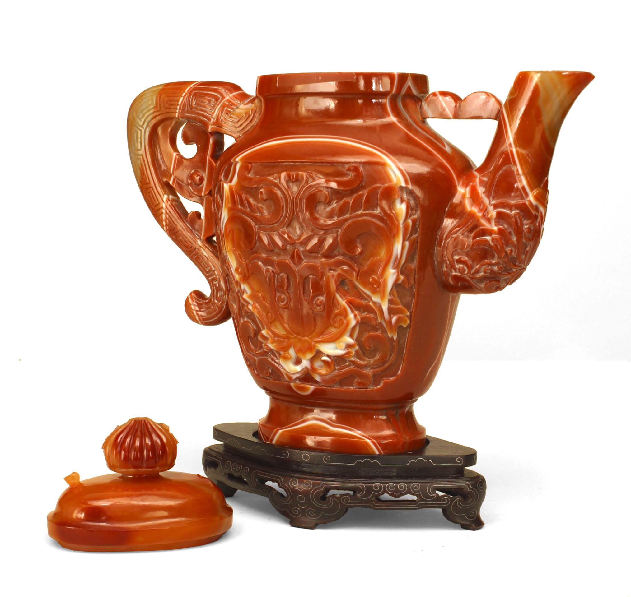 20th Century Chinese Rust Agate Carved Teapot with Stand For Sale