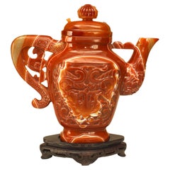 Chinese Rust Agate Carved Teapot with Stand