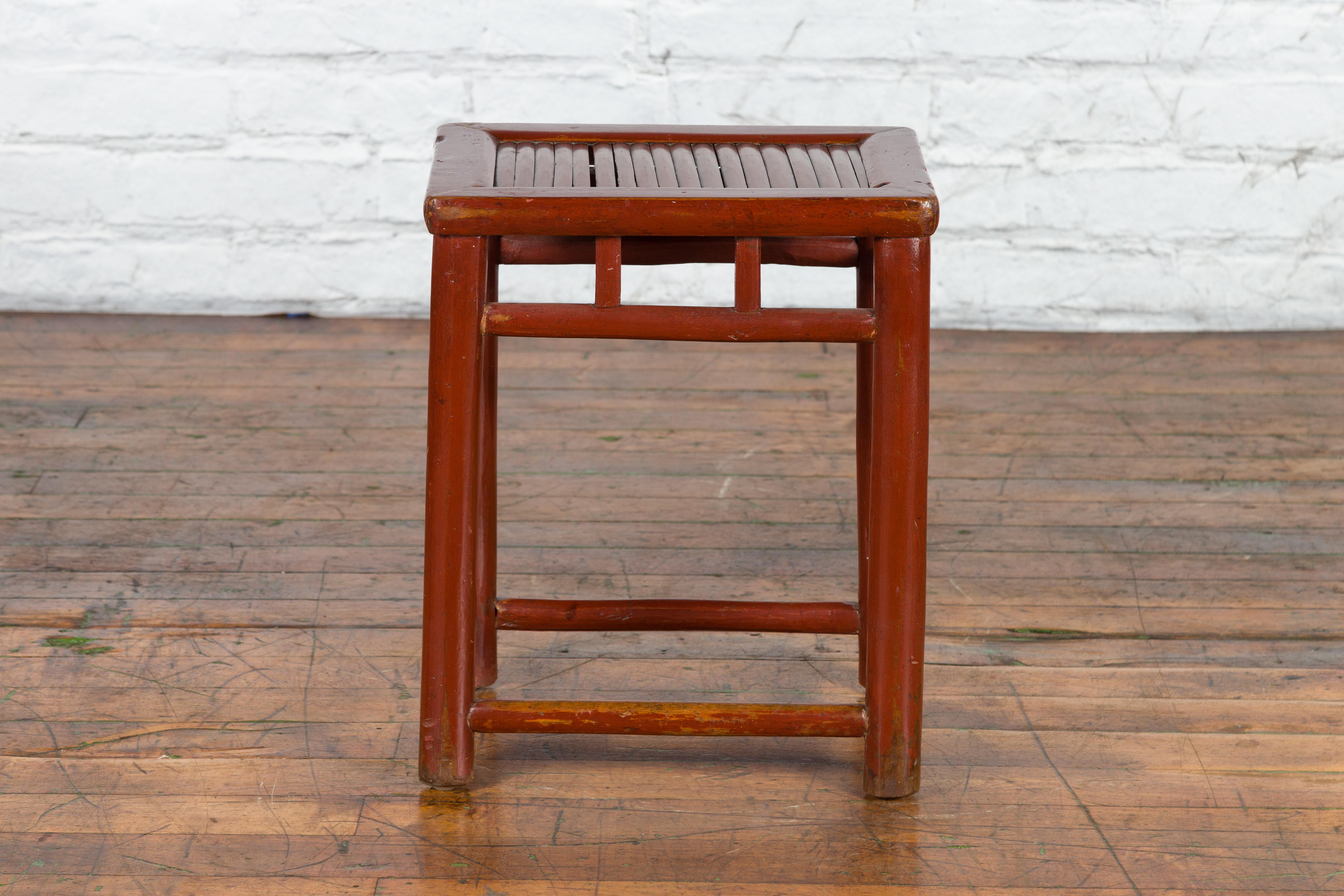 Chinese Rustic Early 20th Century Reddish Brown Lacquered Stool with Bamboo Seat For Sale 2