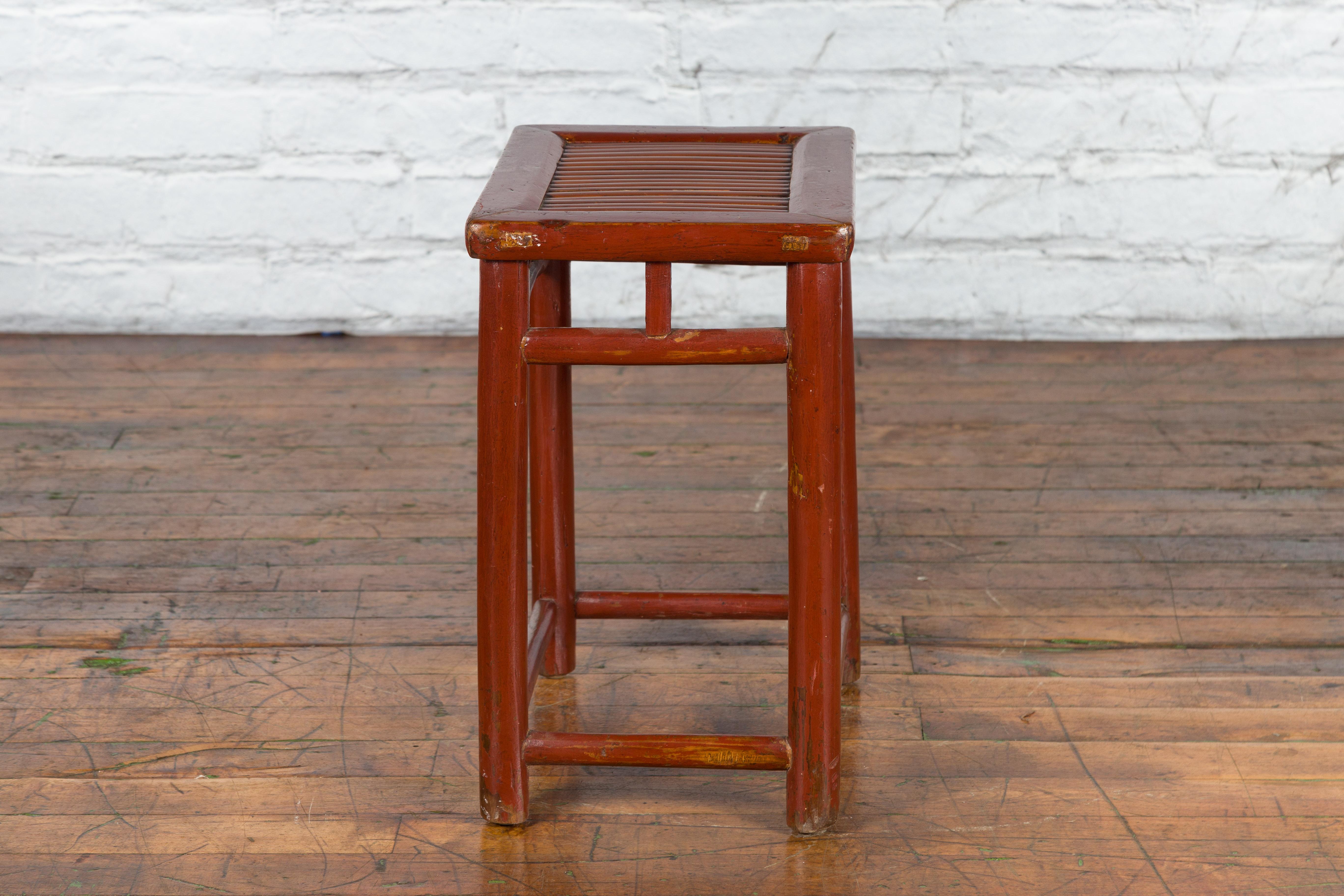 Chinese Rustic Early 20th Century Reddish Brown Lacquered Stool with Bamboo Seat For Sale 3