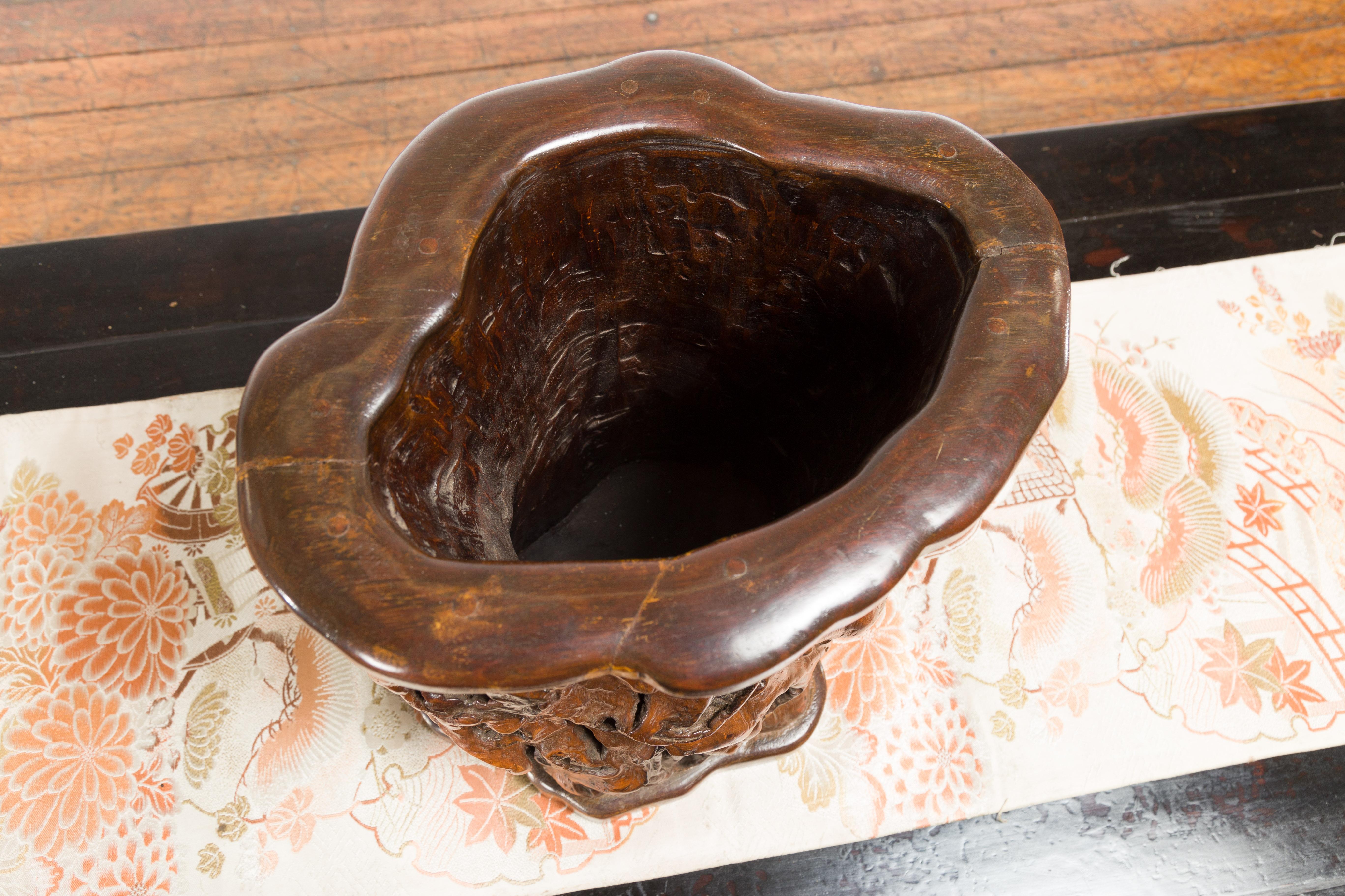 Wood Chinese Rustic Vintage Oval Root Planter with Dark Brown Patina For Sale