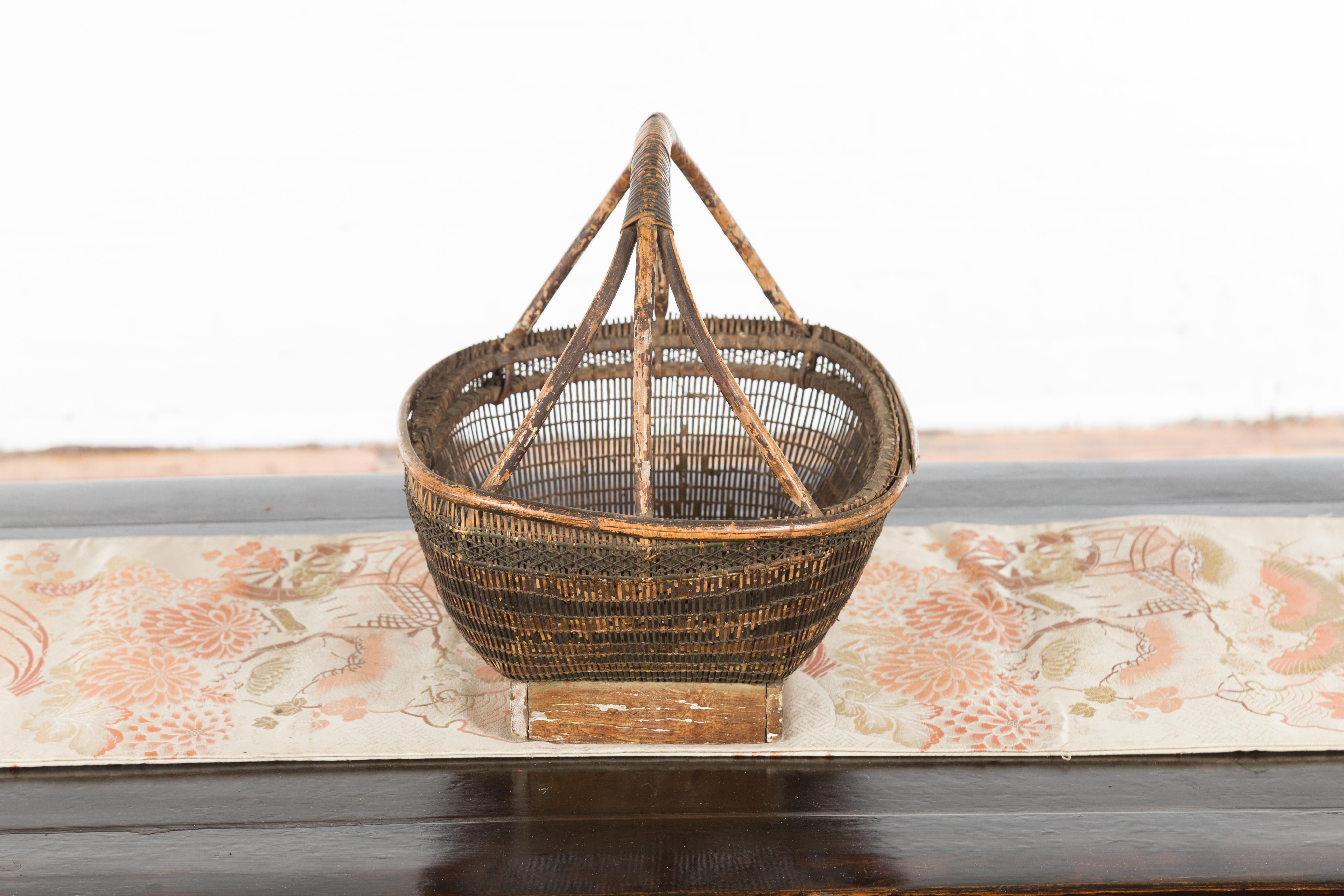 Chinese Rustic Vintage Woven Rattan Market Basket with Large Handle and Base 4