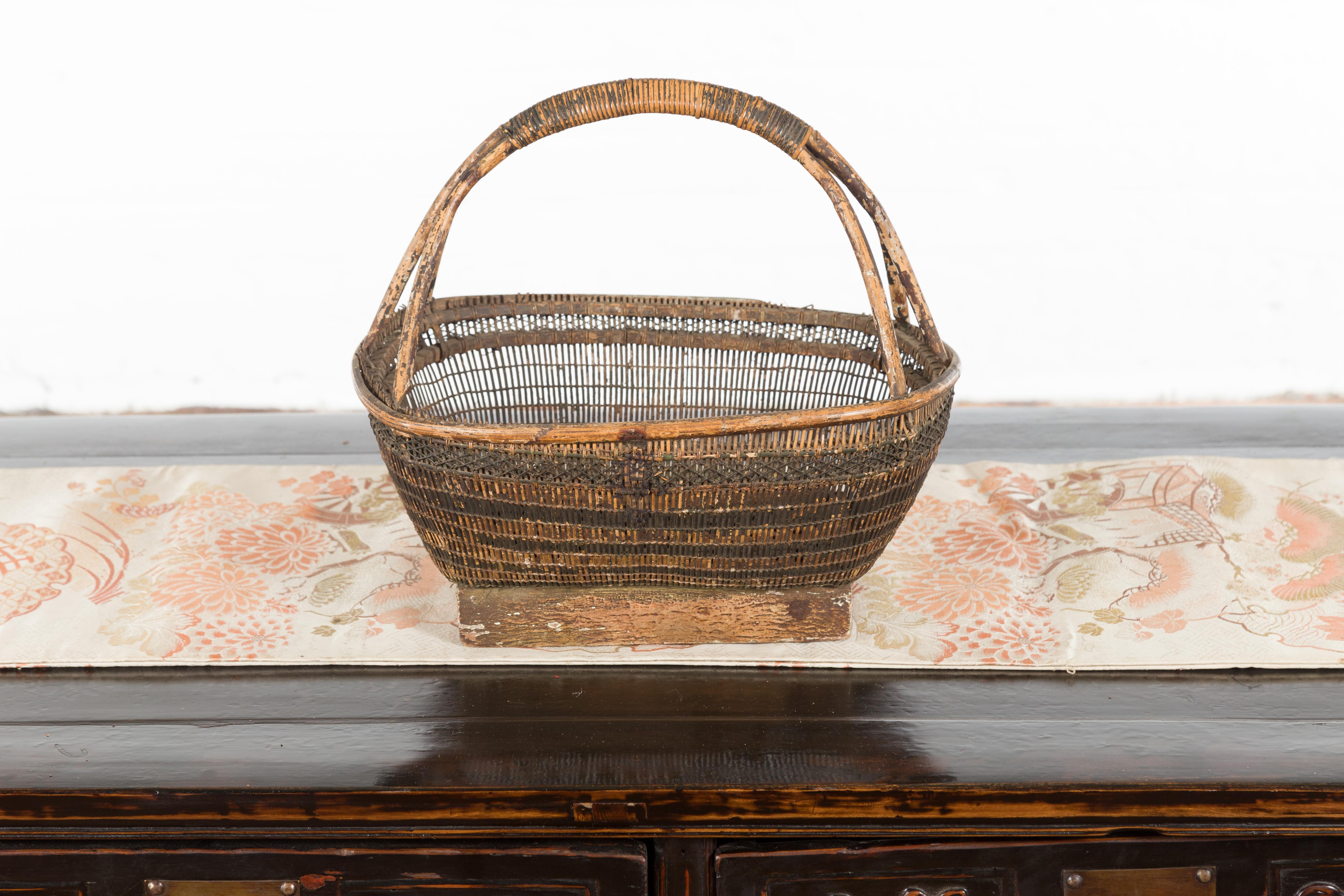 Chinese Rustic Vintage Woven Rattan Market Basket with Large Handle and Base 5