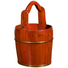 Chinese Rustic Wooden Bucket with Large Handle and Painted Floral Motifs