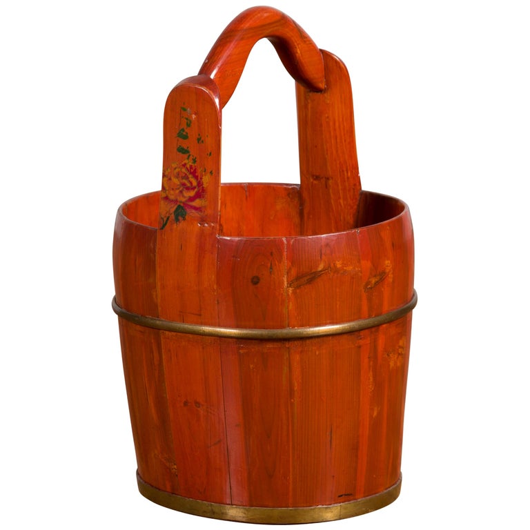 Chinese Rustic Wooden Bucket with Large Handle and Painted Floral Motifs For Sale