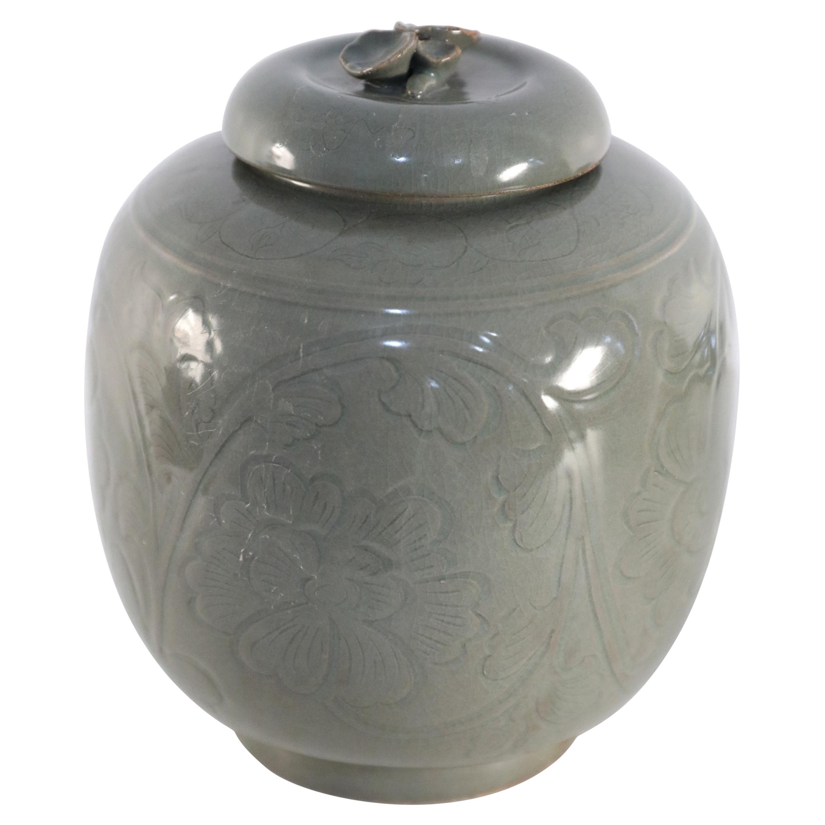 Chinese Sage and Tonal Botanical Motif Porcelain Jar