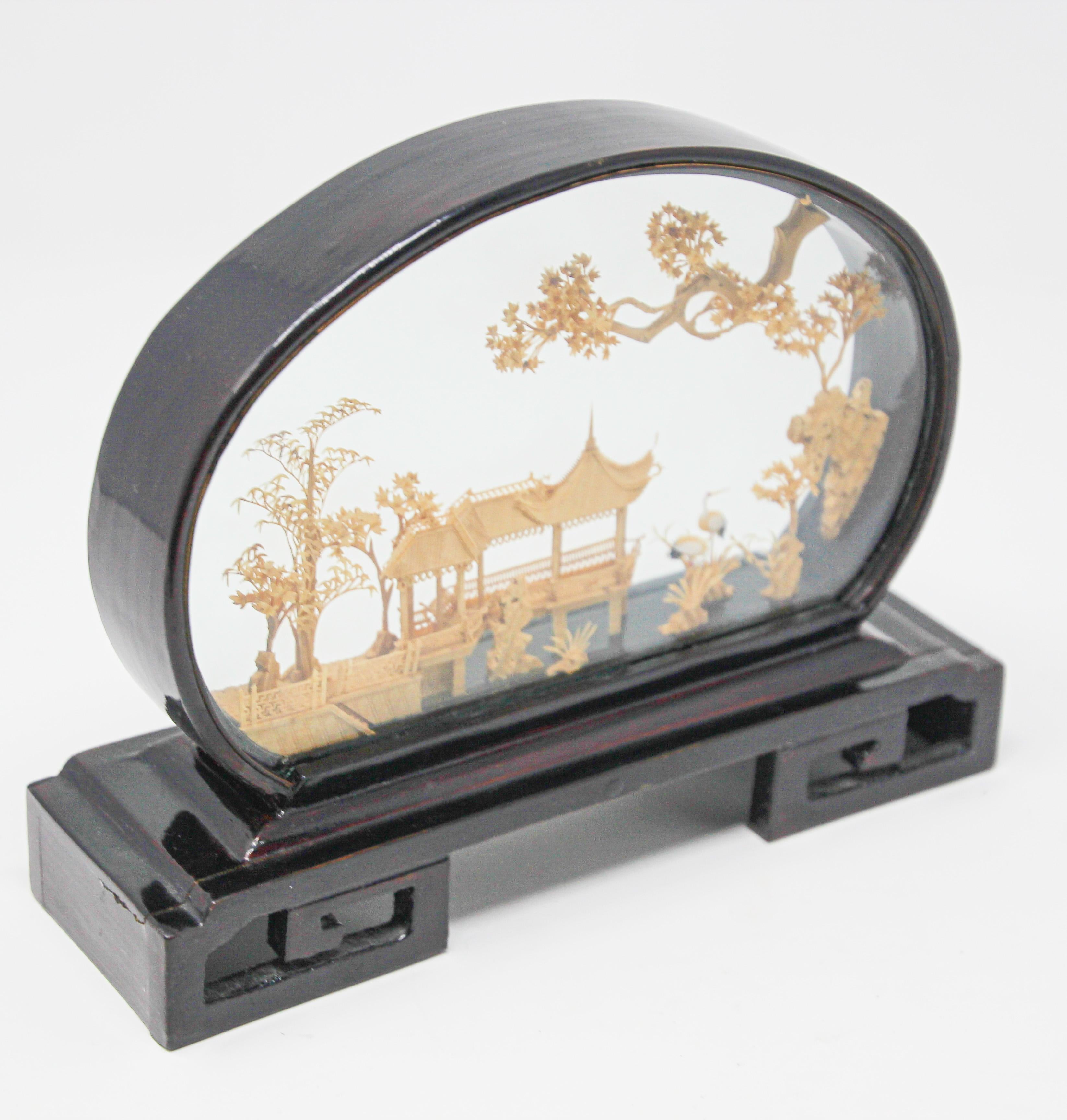 Folk Art Chinese San You Miniature Architectural Diorama Carved Cork Scene