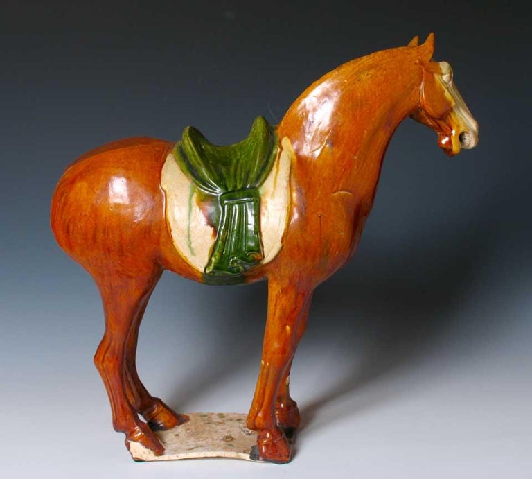 Chinese Sancai Glazed Ceramic Horse Figure, Tang Dynasty For Sale at