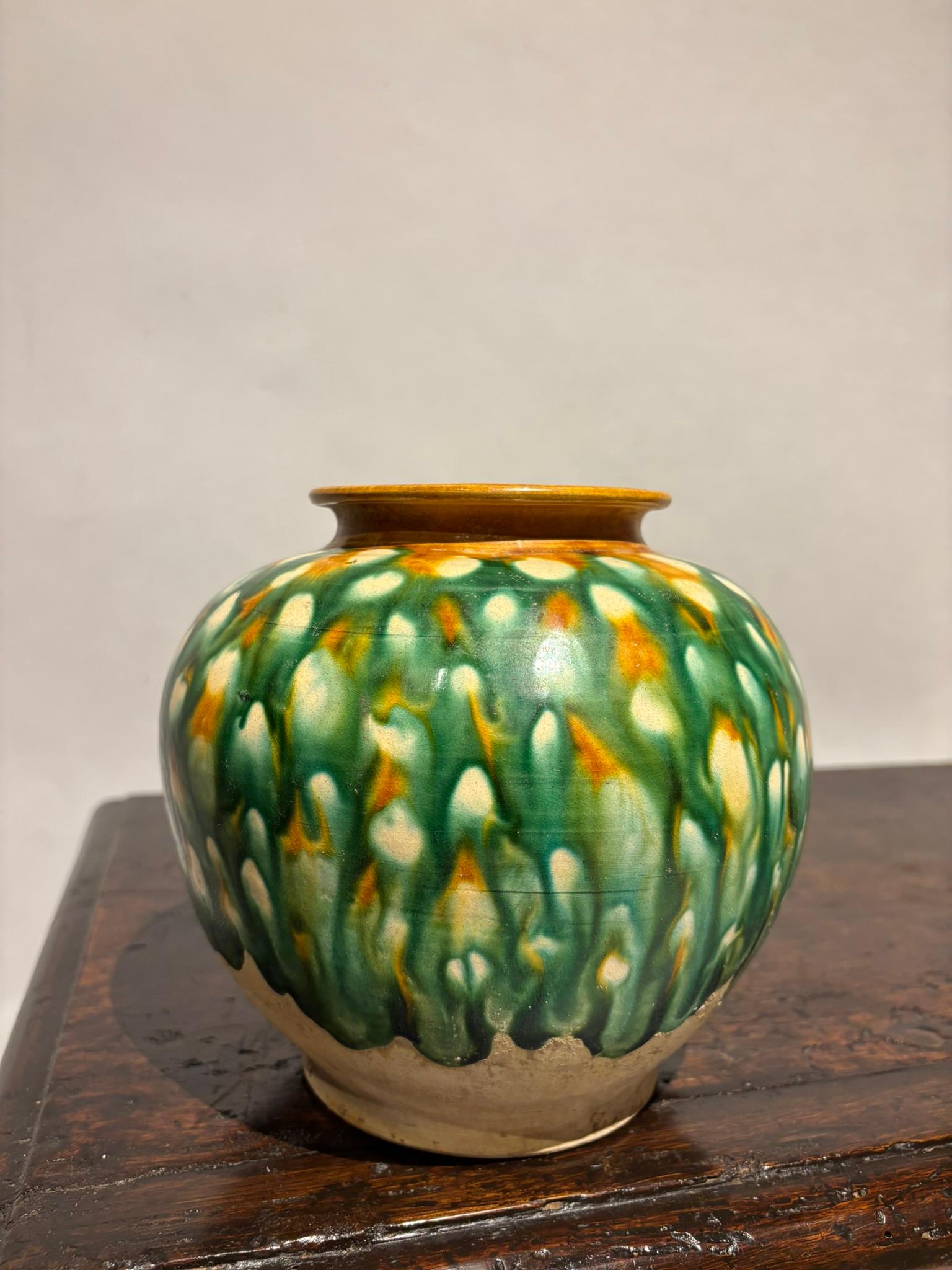 19th Century Chinese Tang Dynasty Style Sancai Glazed Ceramic Jar For Sale