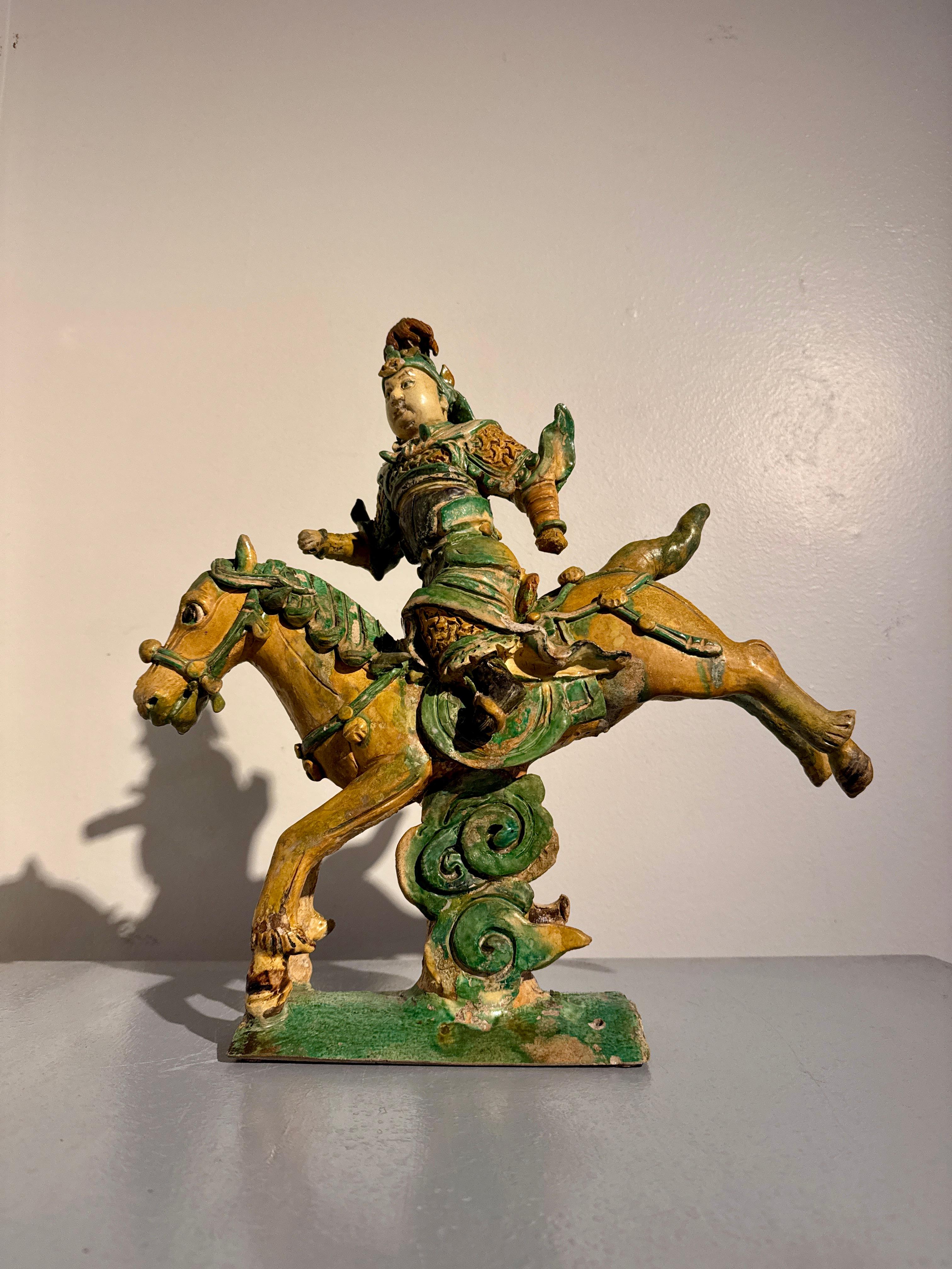 Fired Chinese Sancai Glazed Warrior Roof Ridge Tile, Ming Dynasty, 17th Century, China For Sale
