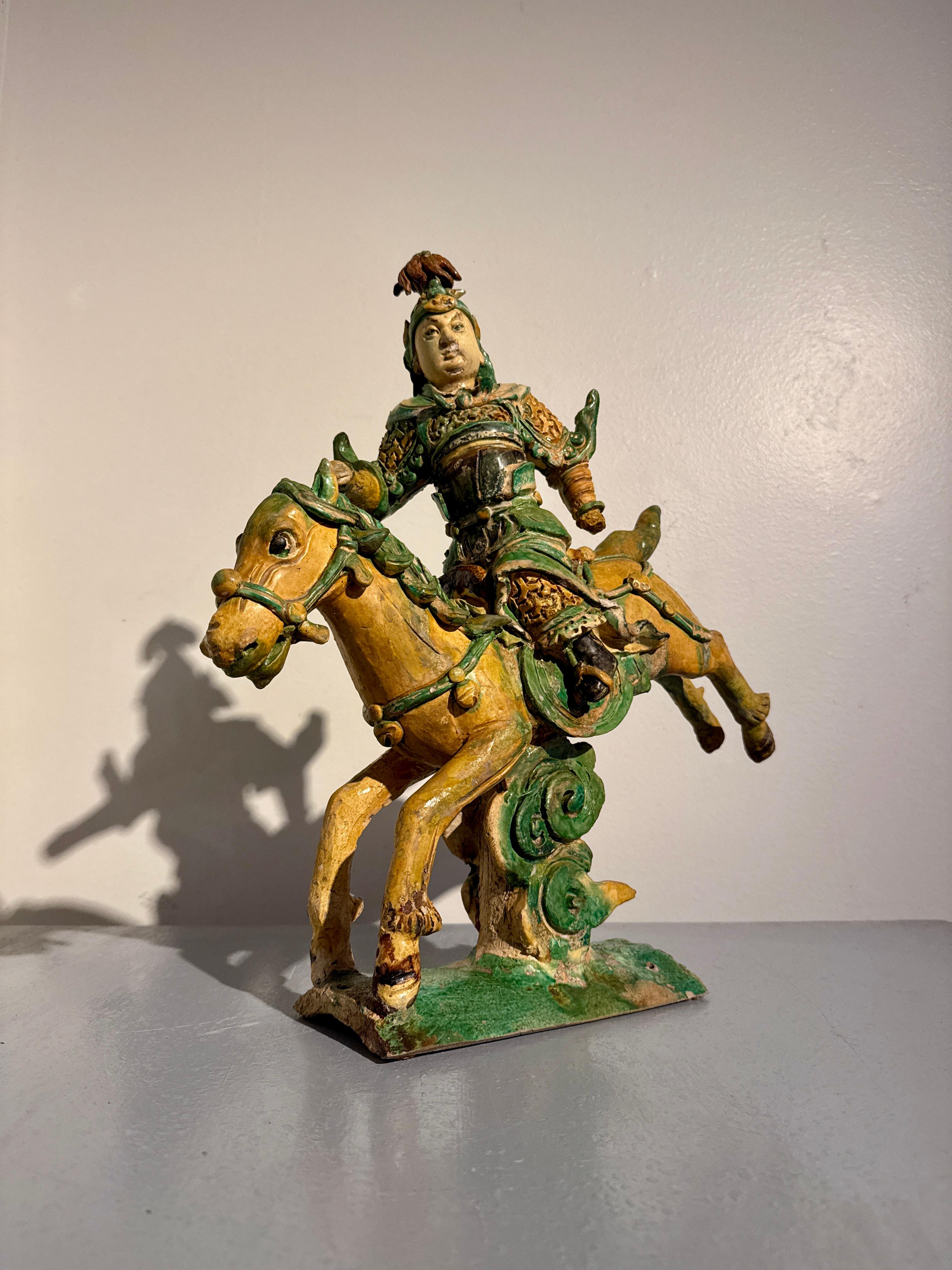 Chinese Sancai Glazed Warrior Roof Ridge Tile, Ming Dynasty, 17th Century, China In Fair Condition For Sale In Austin, TX