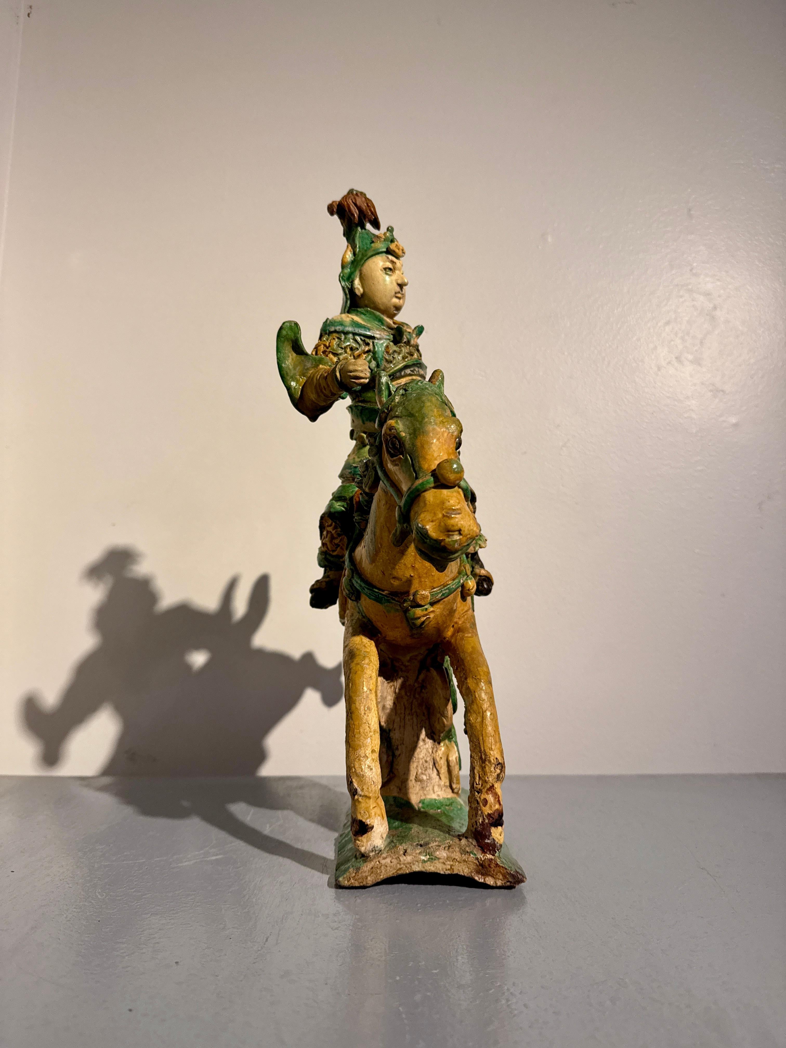 Pottery Chinese Sancai Glazed Warrior Roof Ridge Tile, Ming Dynasty, 17th Century, China For Sale
