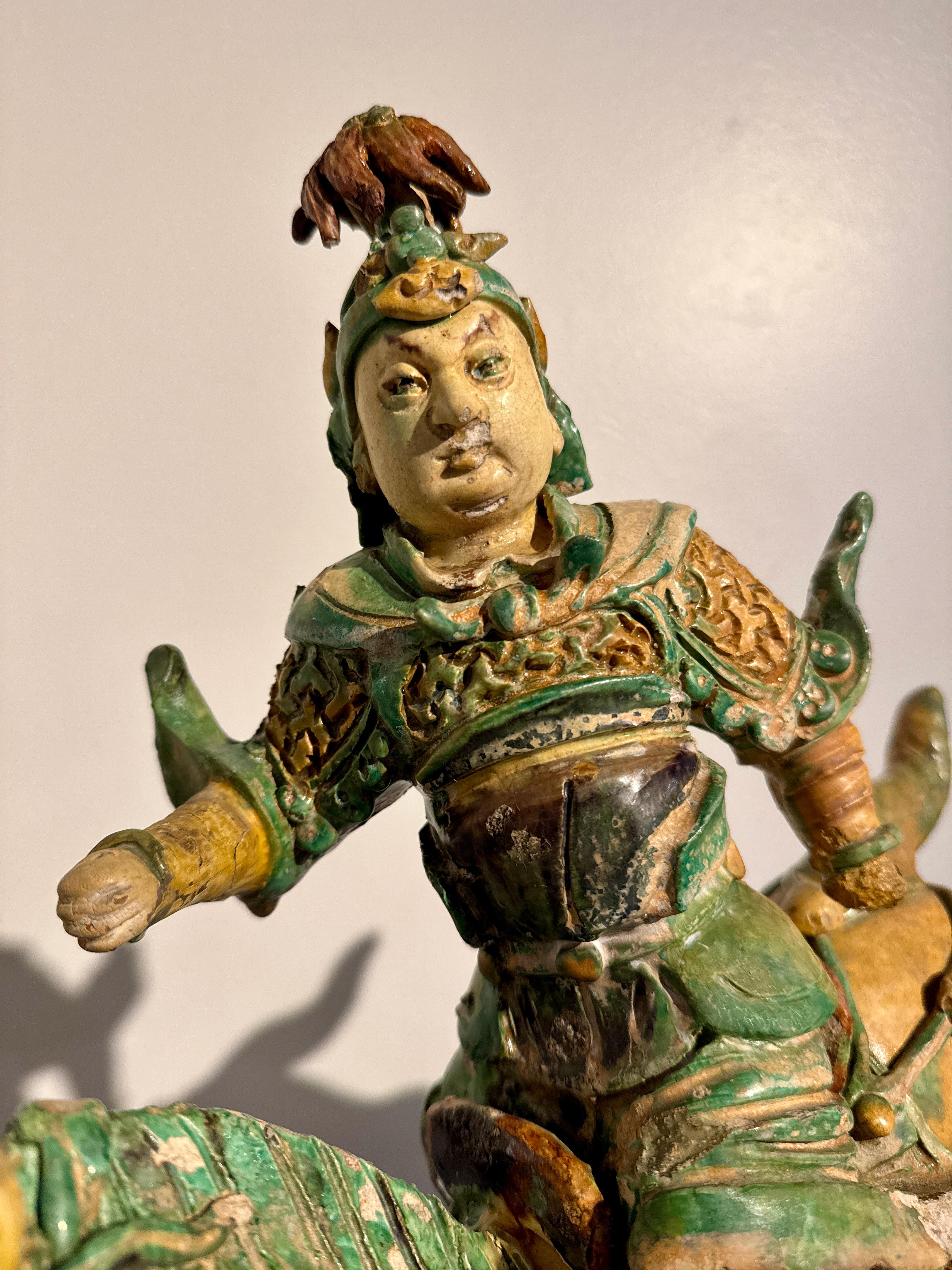 Chinese Sancai Glazed Warrior Roof Ridge Tile, Ming Dynasty, 17th Century, China For Sale 3