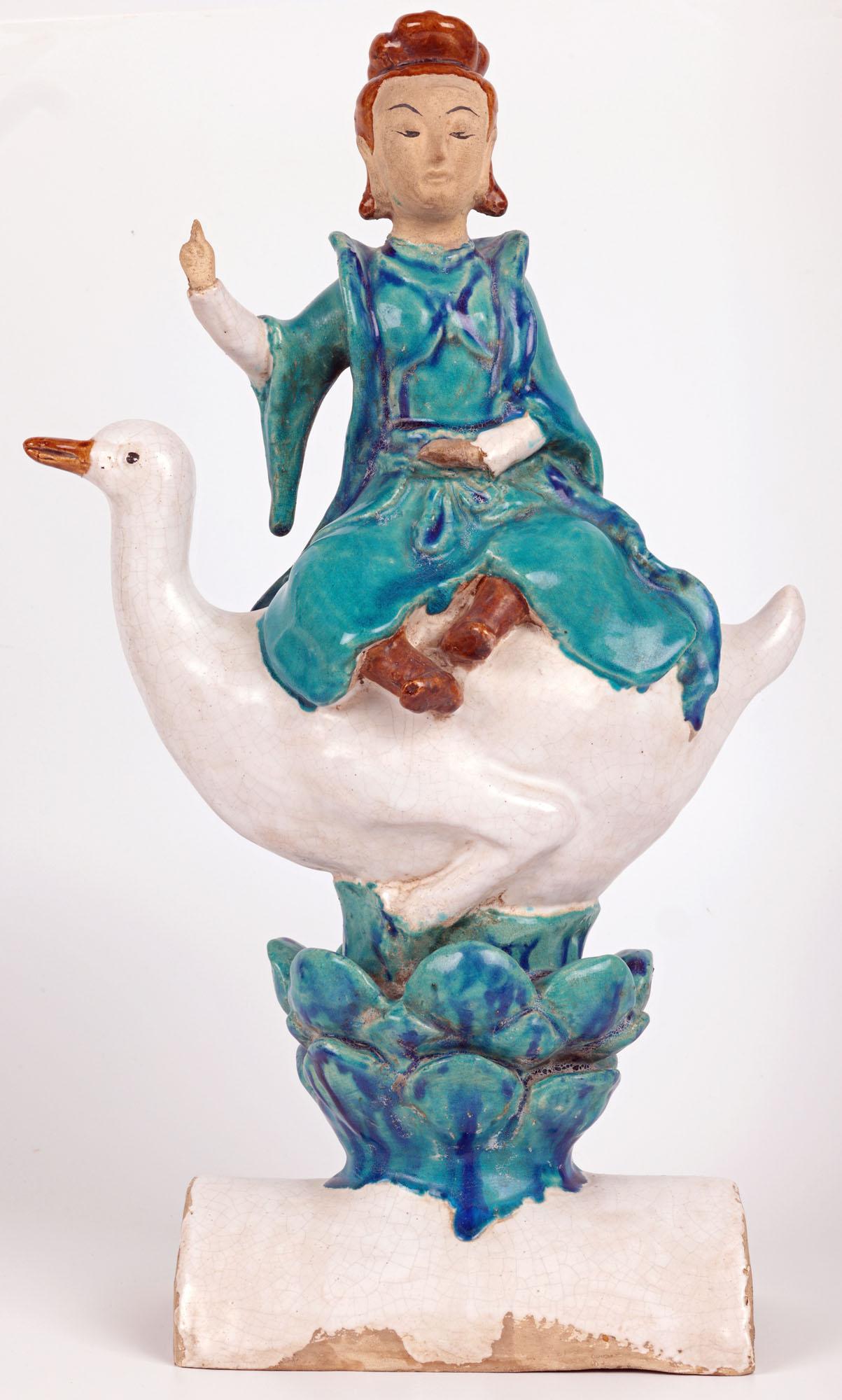 Chinese Sancai Guanyin Riding a Goose Pottery Roof Tile For Sale 3