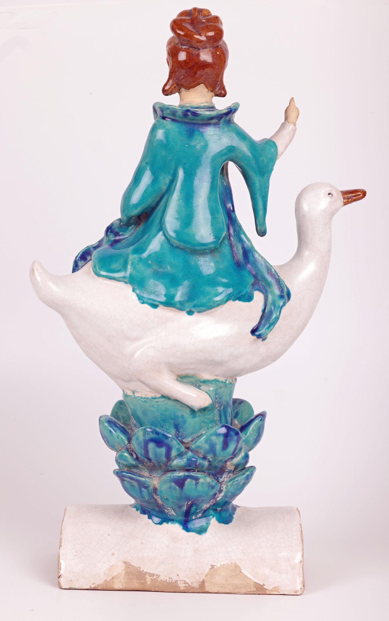 Chinese Sancai Guanyin Riding a Goose Pottery Roof Tile For Sale 5
